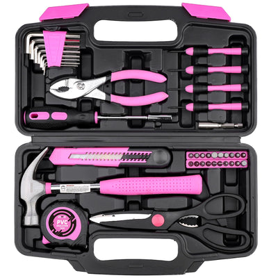 DOWELL 40 Pcs Home Tool Kit General Household Hand Pink Tool Set with Plastic Toolbox Storage Case for Home, Mini Tool kit for Women