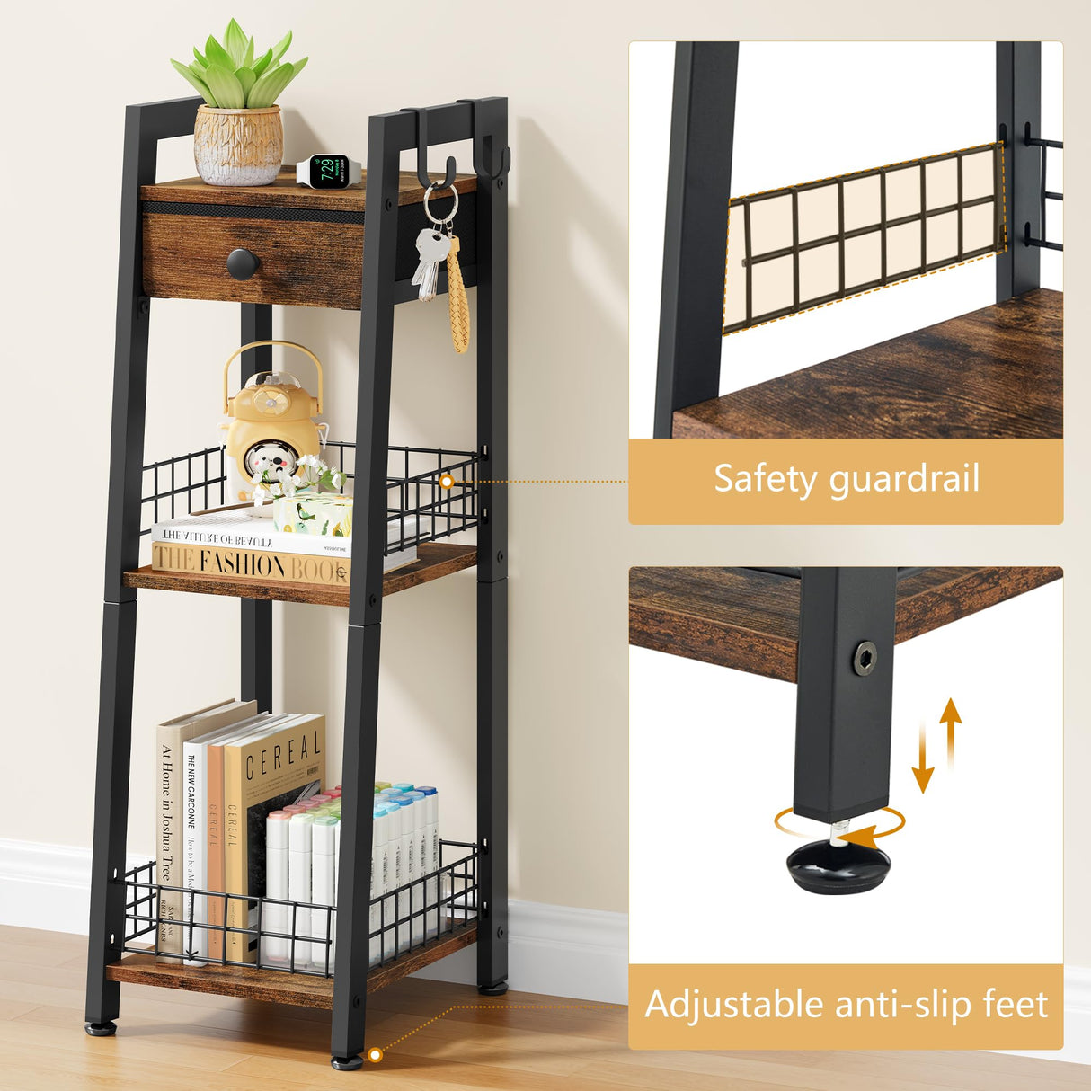 Gewudraw 3-Tier Narrow Bathroom Ladder Shelf with Drawer, Bathroom Floor Storage Shelf, Freestanding Tower Shelf Ladder Bookshelf Brown Gewudraw