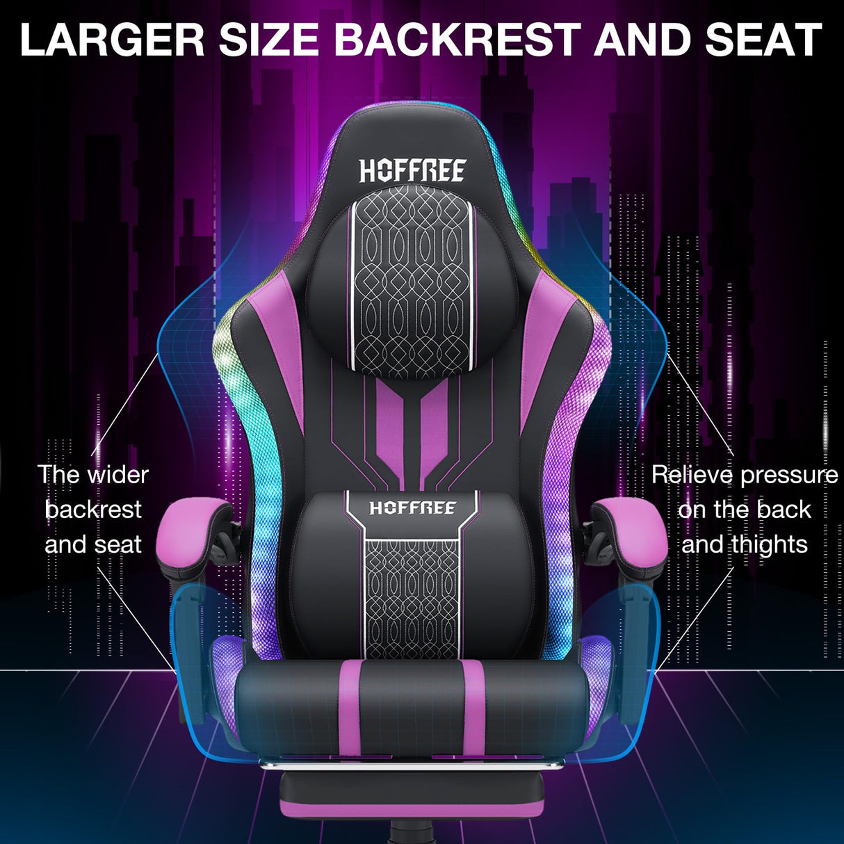 HOFFREE Led Gaming Chair Massage with Speakers Big and Tall Video Game Chair with Footrest for 400lbs Reclining High Back Computer Desk Chair Purple and Black HOFFREE