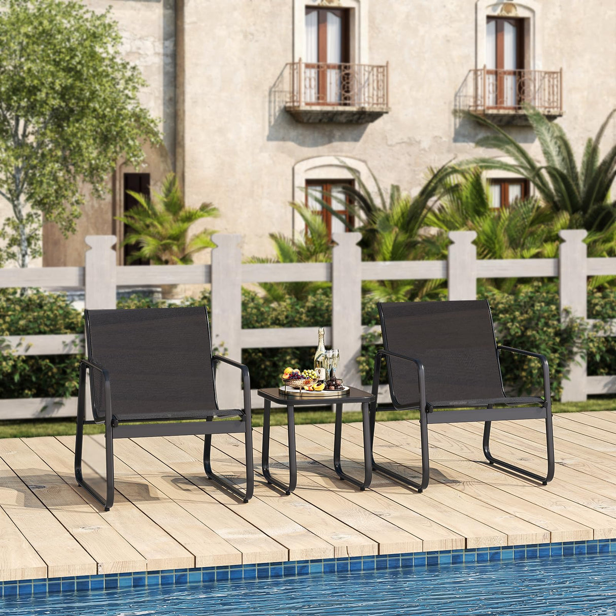 Gizoon Patio Chairs Set of 2, Patio Furniture Set with Metal Frame Glass Table, Outdoor Chairs Set of 2 for Balcony, Bistro Table and Chairs Set for Lawn, Black Gizoon