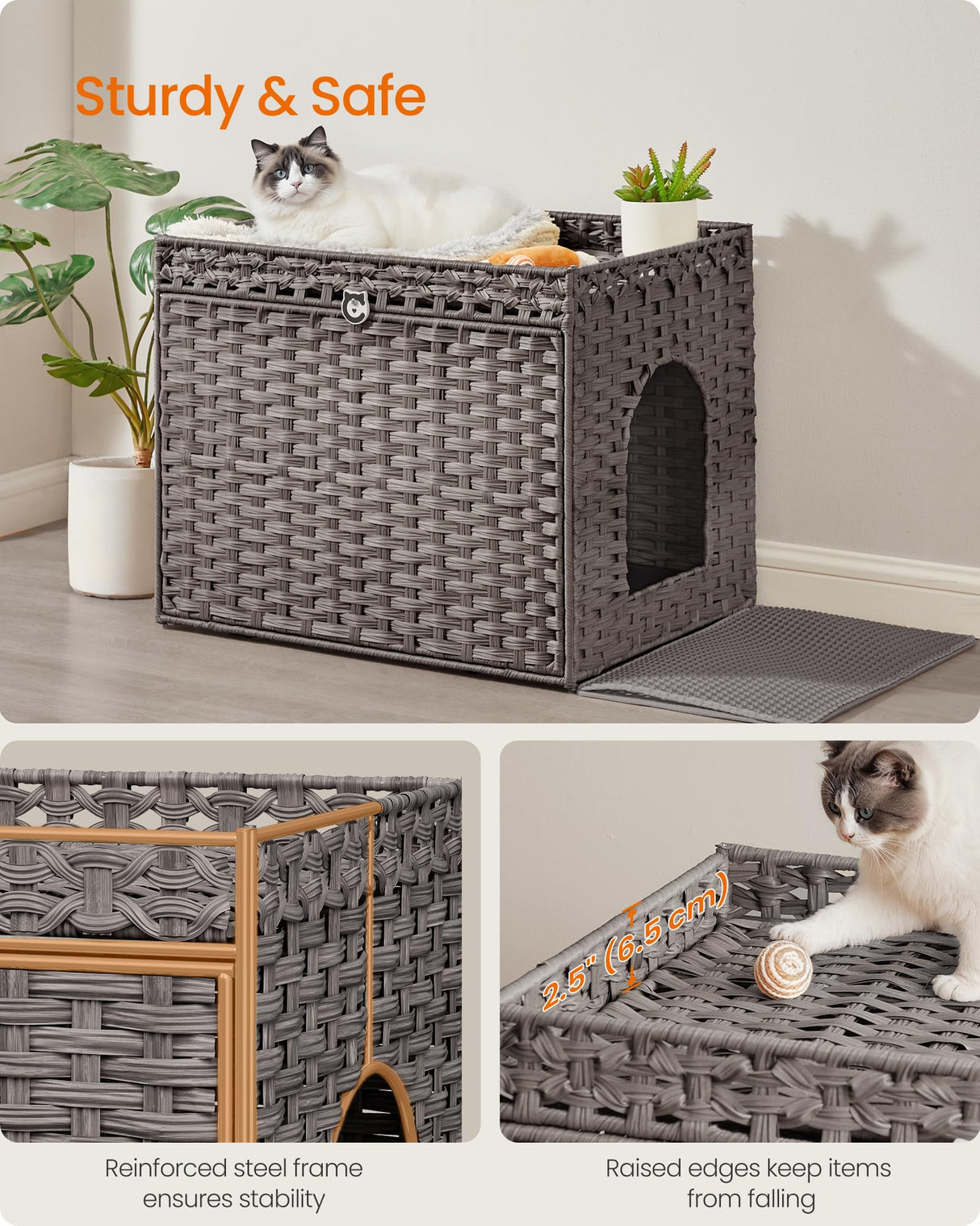 Feandrea Cat Litter Box Enclosure, Handwoven Rattan Hidden Litter Box Furniture with Extra Litter Mat, Removable Washable Tray, Boho Cat House, End Table, Dove Gray UPCL014G01 Feandrea