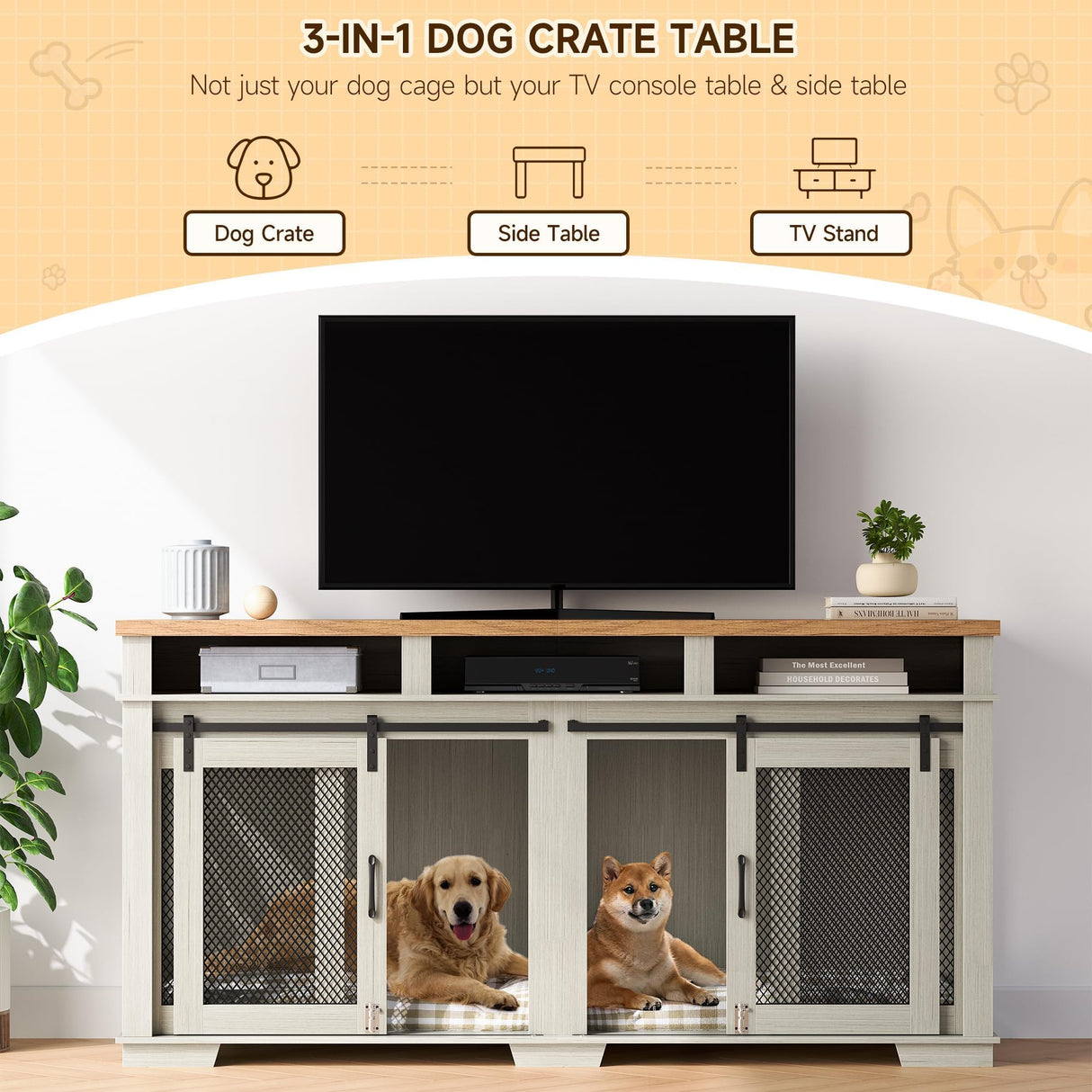 71" Dog Crate Furniture, Extra Large Wooden Double Dog Crate with 3 Storages and Removable Divider, Furniture Style Dog Crate Table Indoor TV Stand for Large Medium Dogs, White STMHOM
