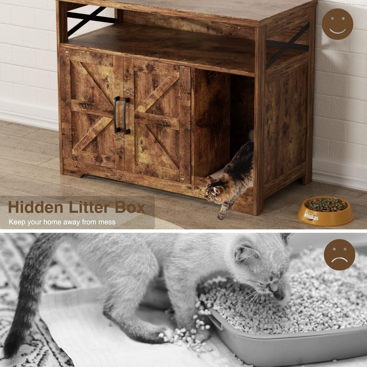Halitaa Cat Litter Box Enclosure, Hidden Litter Box Furniture with Scratch Pad, Farmhouse Indoor Cat House Washroom End Table, Rustic Brown Halitaa