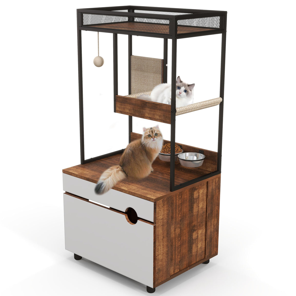 FerniTry Cat Litter Box Enclosure Furniture with Cat Tree Tower, Kitty Litter Box Hidden Cabinet with Shelves Scratching Pad and Cat Bowls, Cat Washroom Indoor Cat House,Rustic Brown… FerniTry