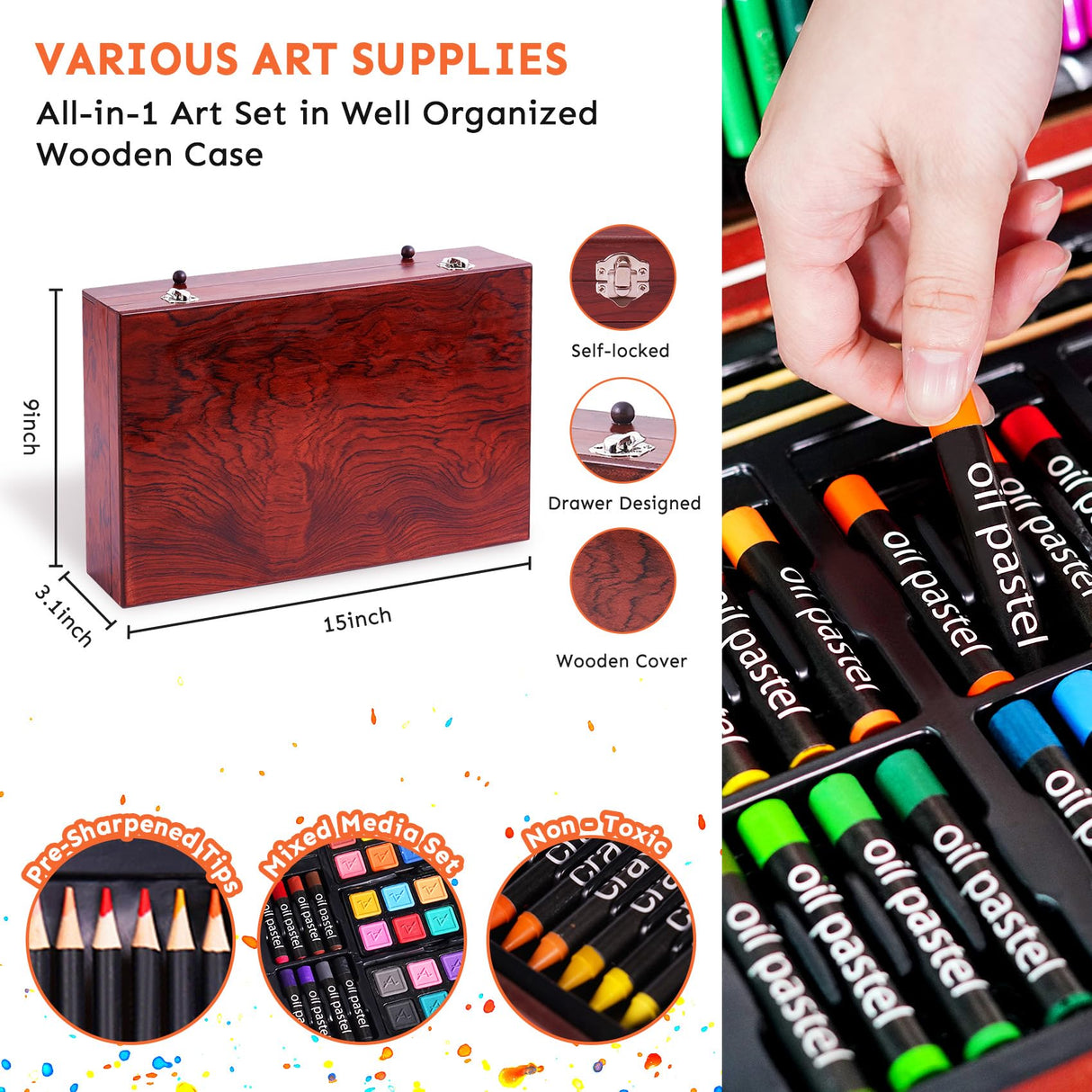 145 Piece Deluxe Art Set with 2 x 50 Sheet Drawing Pad, Art Supplies Wooden Art Box, Drawing Painting Kit with Crayons, Oil Pastels, Colored Pencils, Creative Gift Box for Adults Artist Beginners COOL BANK