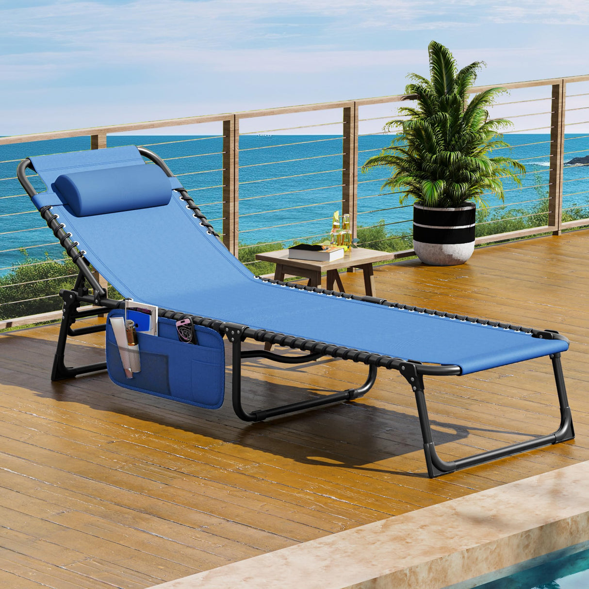 DWVO Patio Lounge Chair, Portable Recliner Lounge Chair Folding Camping Cot, Reclining Chairse Lounge 5 Posistion Adjustable w/Head Pillow & Portable Handbag for Camping, Pool, Beach and Patio, Blue DWVO