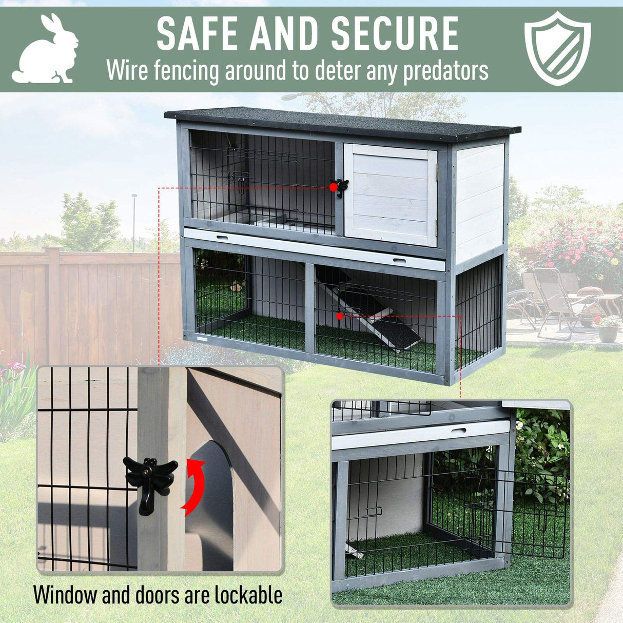 PawHut 43" L Wooden Rabbit Hutch Bunny Cage Small Animal House Enclosure with Ramp, Removable Tray and Weatherproof Roof for Outdoor, Grey PawHut