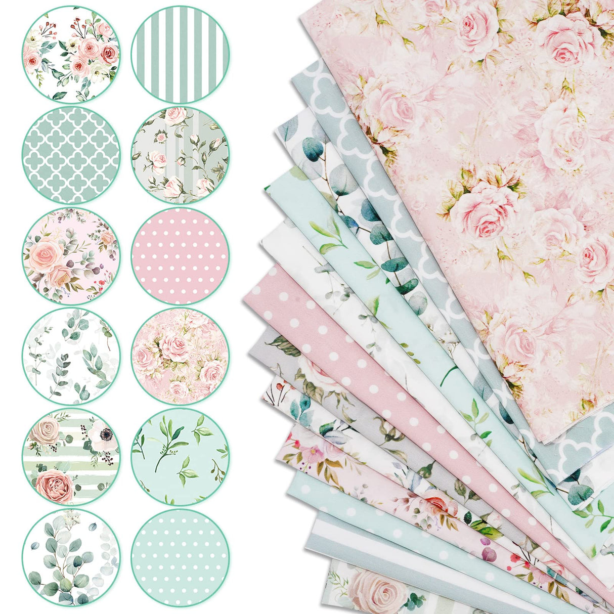 Whaline 12Pcs Floral Cotton Fabric Bundles 10 x 10 Inch Floral Greenery Printed Fat Quarters Pink Green Retro Quilting Patchwork for Spring DIY Handmade Crafting Home Party Decor Whaline