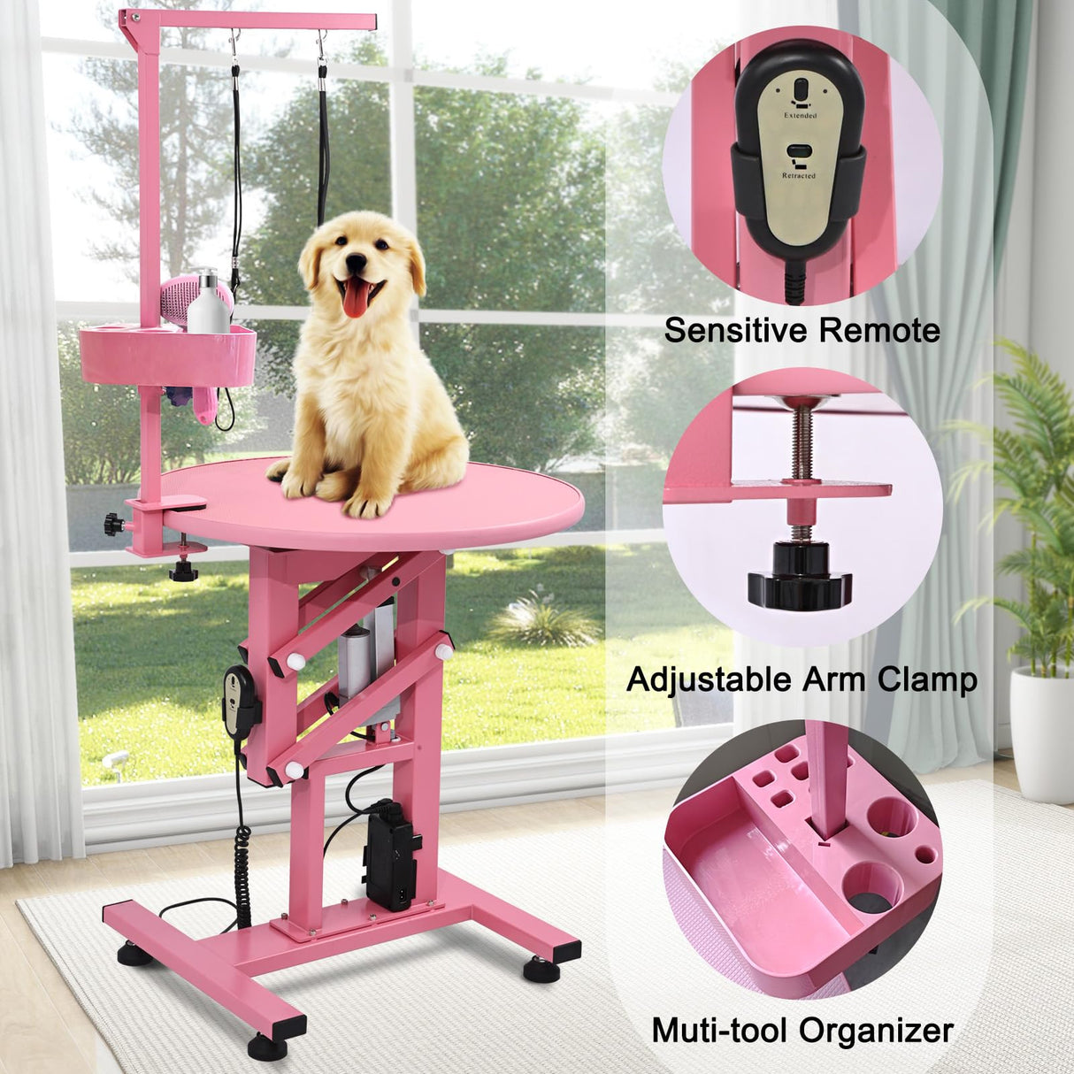 CIRONBOW 24" Electric Dog Grooming Table, Adjustable Fast Lifting Heavy Duty Dog Grooming Table for Small Dogs with Anti Skid Tabletop, Grooming Set, Remote,Tool Organizer and Arms,Pink CIRONBOW