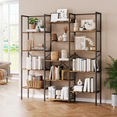 GarveeLife Industrial Large Bookcase, Triple 5 Tier Book Shelf with Open Display Shelves, Large Wide Bookshelf, Tall Bookshelfwith Metal Frame for Living Room, Office, Rustic Brown