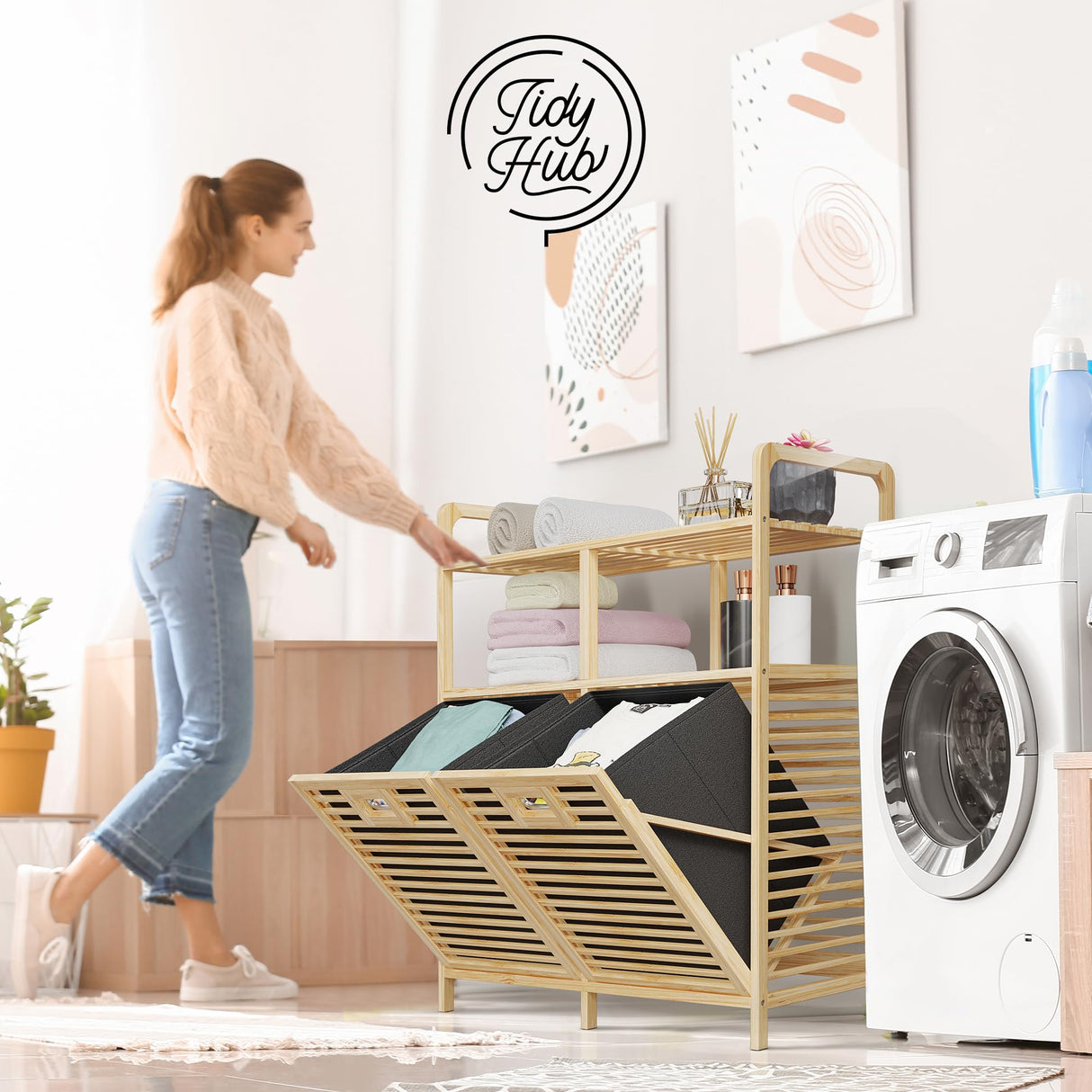 TidyHub Double Tilt Out Laundry Hamper with Shelf - Durable Bamboo Hamper with 2 Removable Laundry Liner Fabrics, Easy Grab Handle & Manual - Pull Out Laundry Hamper Cabinet for Clothes Towels Toys TidyHub