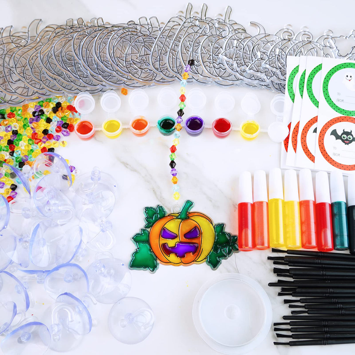 Winlyn 27 Sets Halloween Pumpkin Suncatchers Ornaments Decorations DIY Window Paint Art Suncatchers Craft Kits Jack-O'-Lantern Sun Catchers for Kids Classroom Activities Fall Halloween Art Project Winlyn