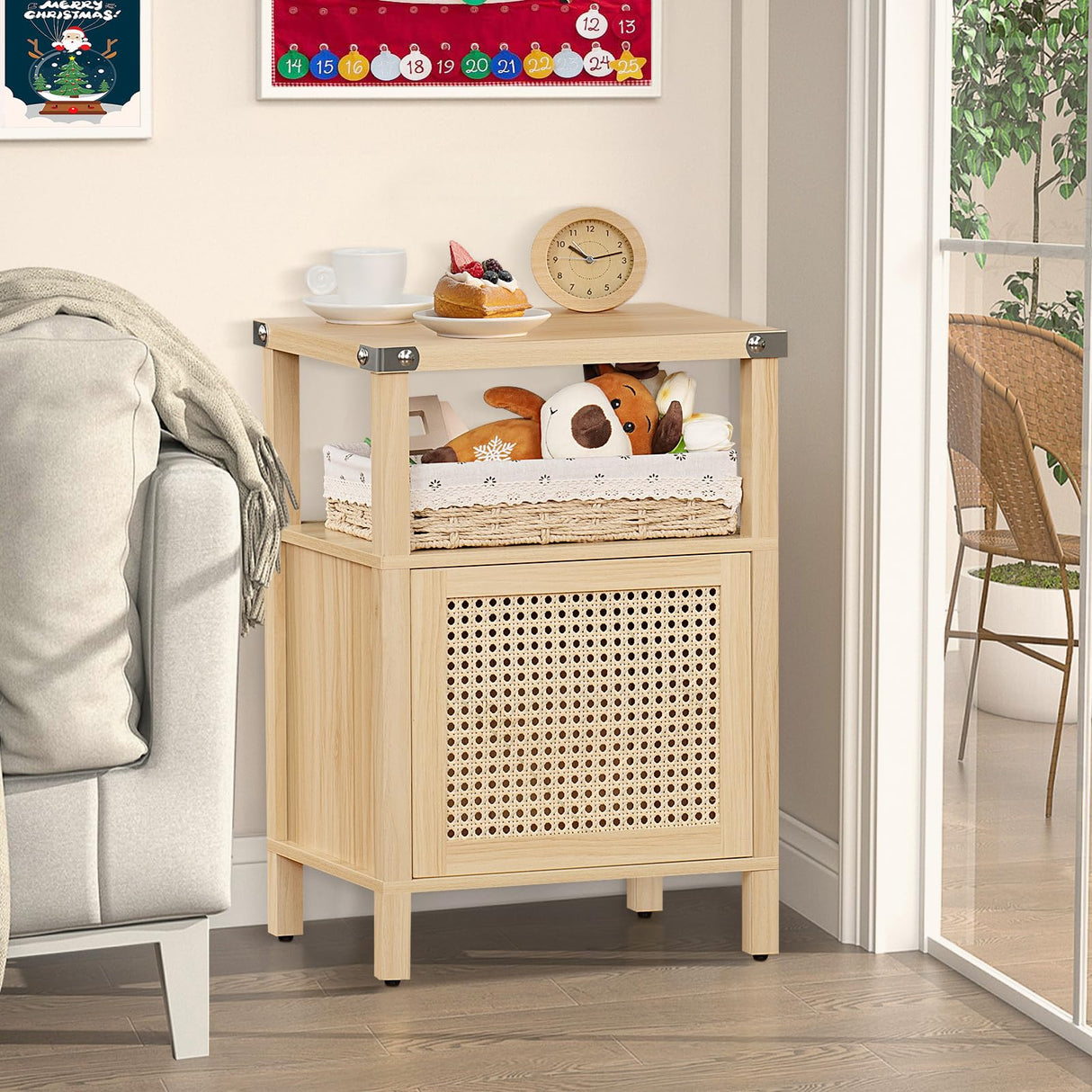 Lerliuo Rattan Nightstand, Boho Side End Table with Handmade Natural Rattan Decorated Door and Open Shelf, Wood Accent Night Stand with Storage, Bedside tables for Bedroom, Living Room (Natural) Lerliuo