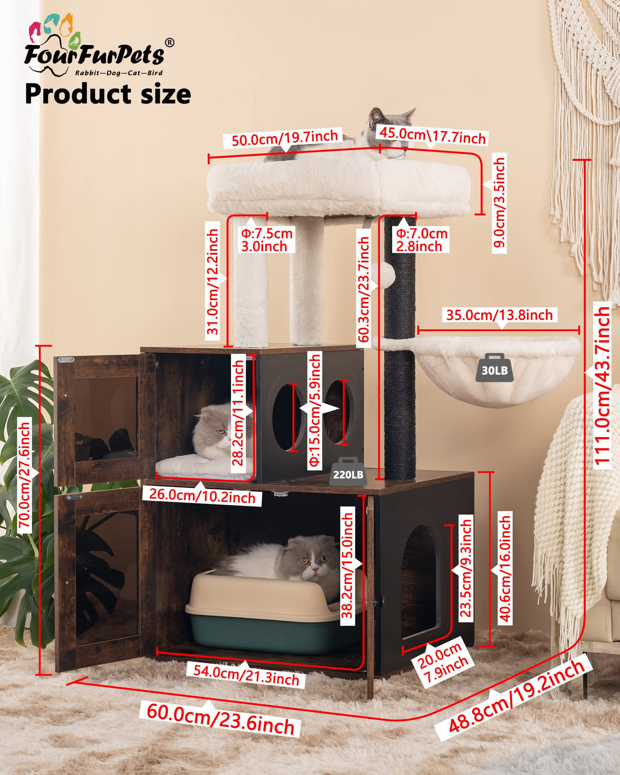 Fourfurpets Multipurpose Litter Box Enclosure with Cat Tree, Acrylic Doors and Windows, with Large Platform, Cat House, Full Sisal Posts, Removable Washable Cushion, Rustic Brown FourFurPets