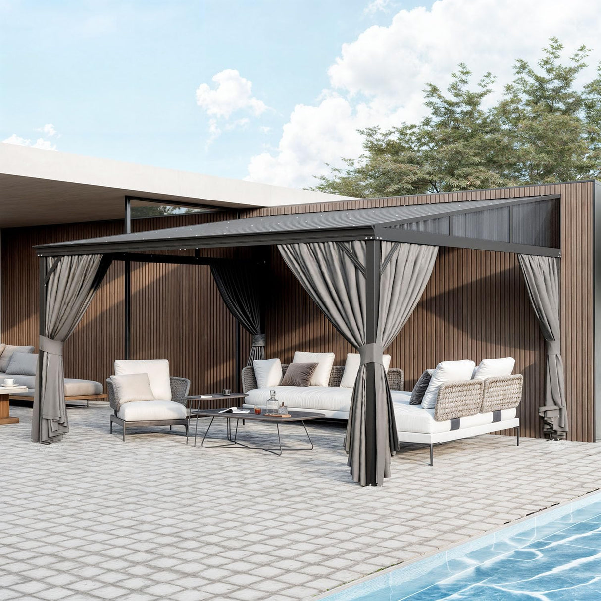 PIAOMTIEE Lean to Backyard Gazebo, Wall Mounted Heavy Duty Gazebo Outdoor Waterproof, Patio Pergola Awning with Iron Roof, Aluminum Frame, Mosquito Net, Curtains for Backyard, Grey + Brown(12x14FT) PIAOMTIEE