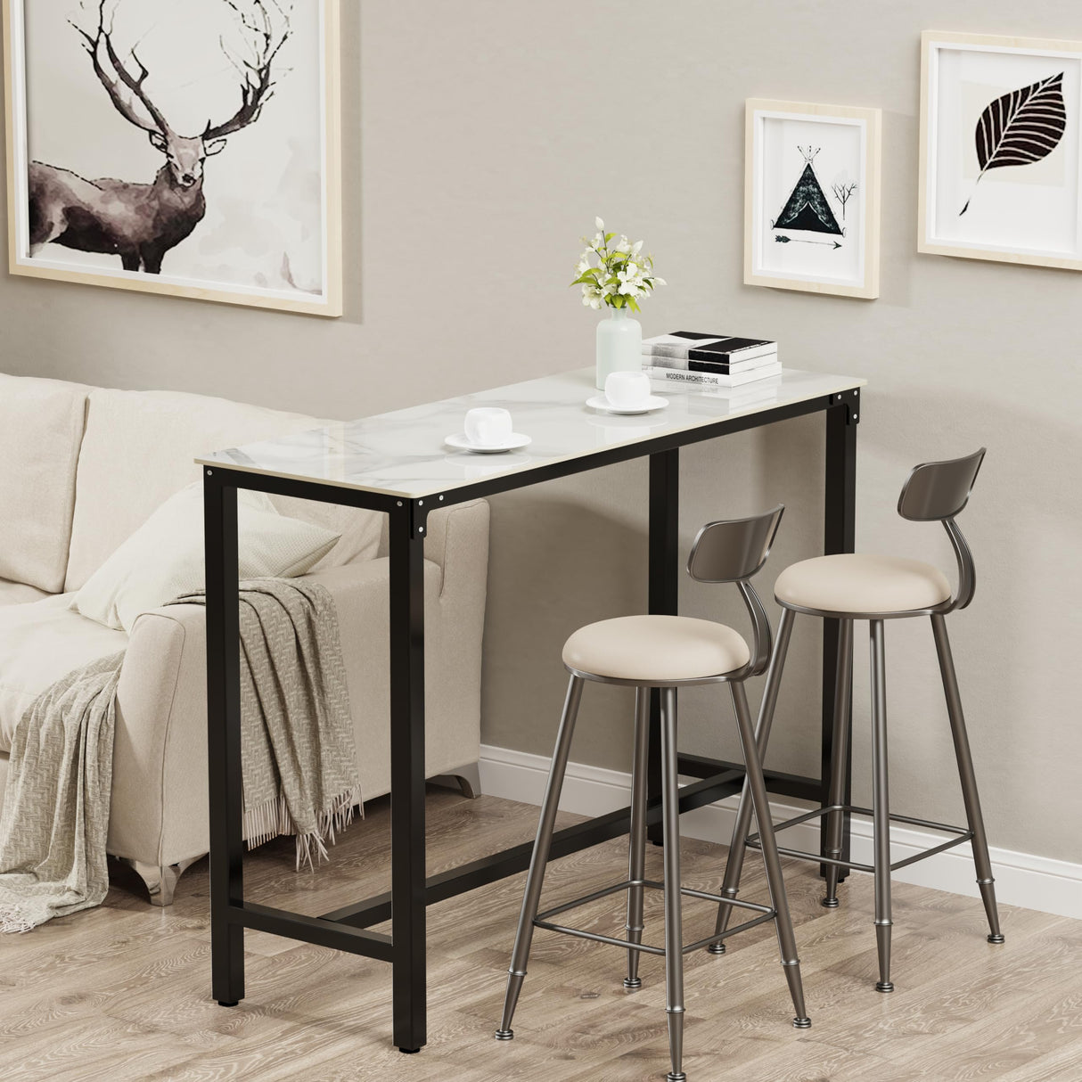 Wisfor High-Top Sintered Stone Bar Table with Black Metal Frame - Stylish White Rectangle Dining Table for Narrow Spaces Wisfor