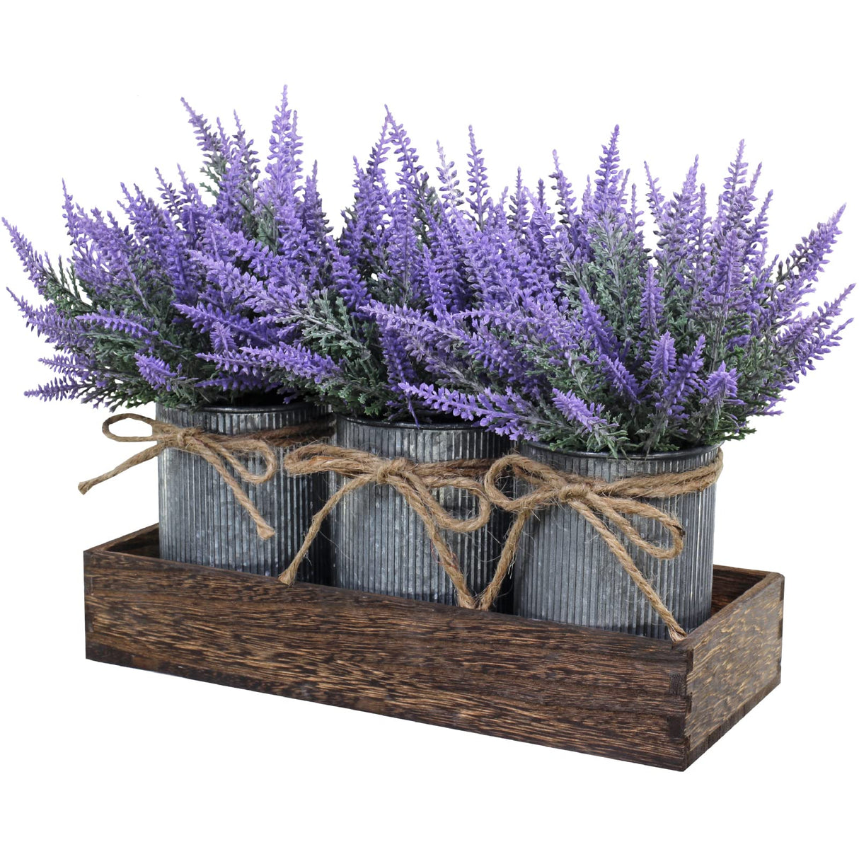 Set of 3 Small Potted Plants Arrangement Artificial Lavender Flower Plants in Rustic Galvanized Metal Pots with Decorative Wood Tray for Farmhouse Table Centerpiece Windowsill Country Indoor Decor Winlyn