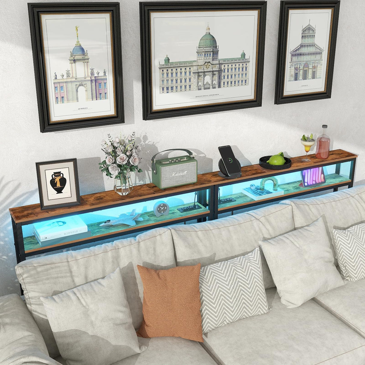 Tohomeor 5.9" Narrow Console Sofa Table with Power Outlets Led Light Sofa Skinny Behind Couch Table with Shelves Metal Frame and Charge Station (2, Rustic Brown) Tohomeor