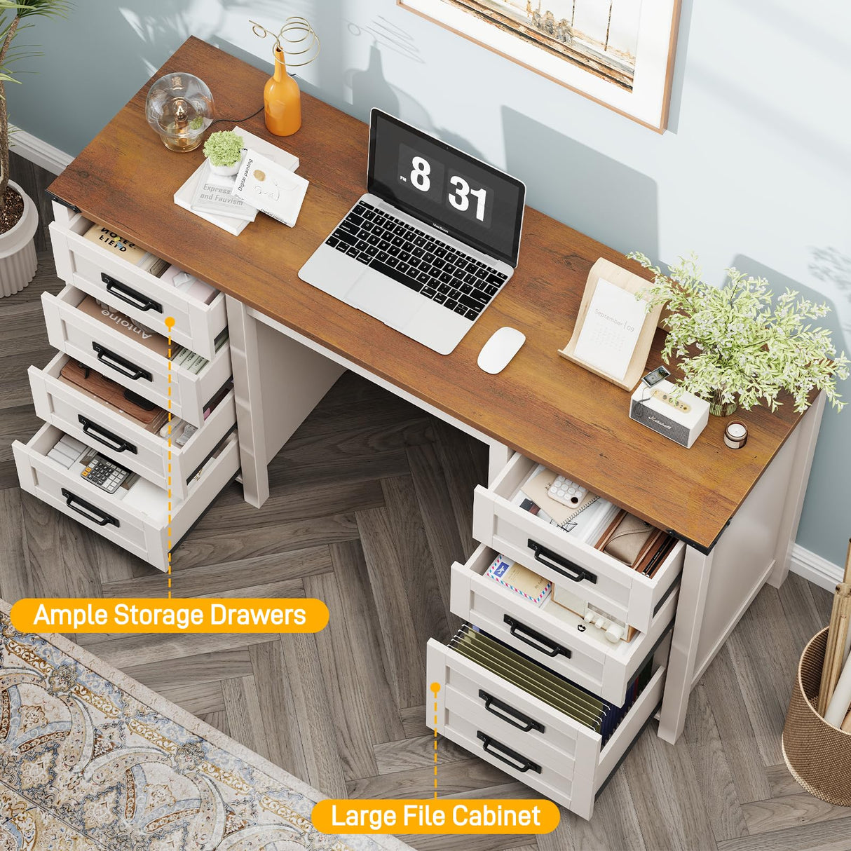 Vabches Farmhouse 60.6” Executive Desk with 7 Drawers, Computer Desk with File Drawer for Hanging Files A4, Workstation for Home Office, Study. Vabches