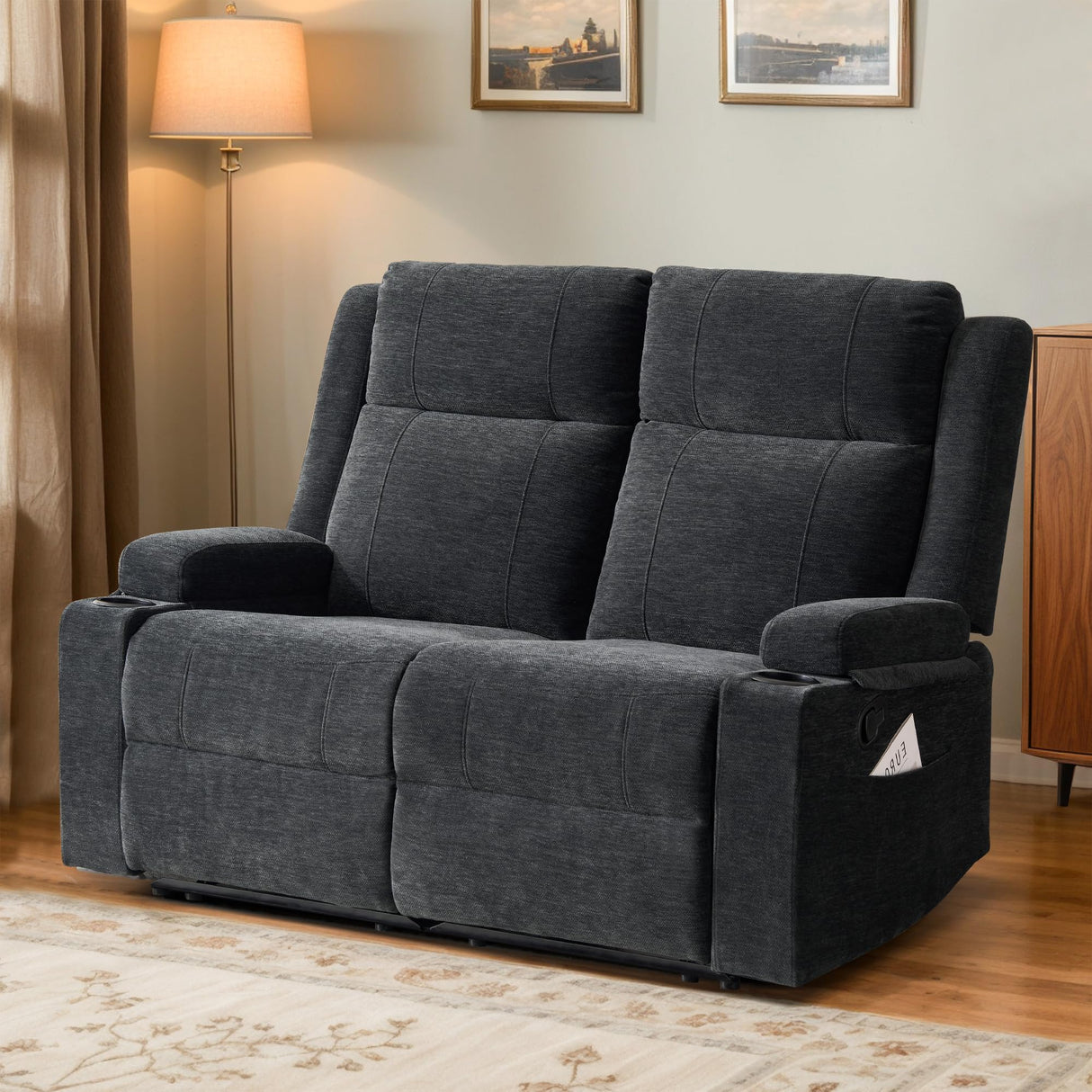 LURVIA 55" RV Loveseat Recliner – Space-Saving Double Reclining RV Sofa, Compact Theater Seating with Cup Holders & Storage Pocket, Black Chenille Couch for Camper, Motorhome & Home Theater LURVIA