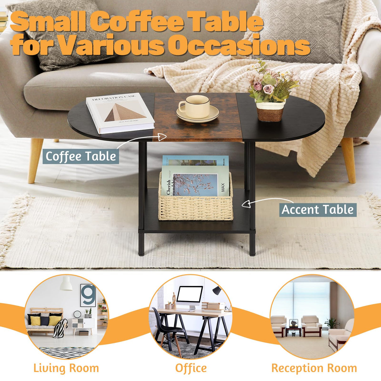 Coffee Tables for Living Room,2-Tier Small Oval Center Table Industrial Modern Style Coffee Tables with Storage Shelf and Wood Tabletop for Small Space,Home Office,Brown & Black Shinoske