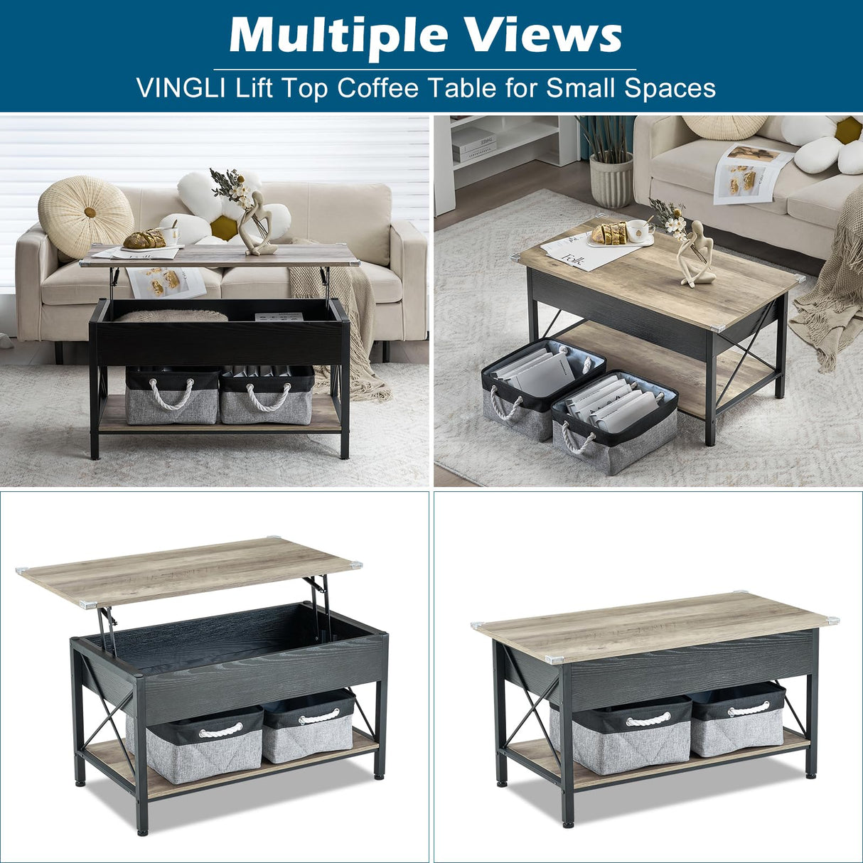 VINGLI 36" Lift Top Coffee Table with Free Cloth Storage Bins, Rustic Framhouse Grey Coffee Table for Living Room, Small Modern Coffee Table for Small Space in Minimalistic Style, Gray VINGLI