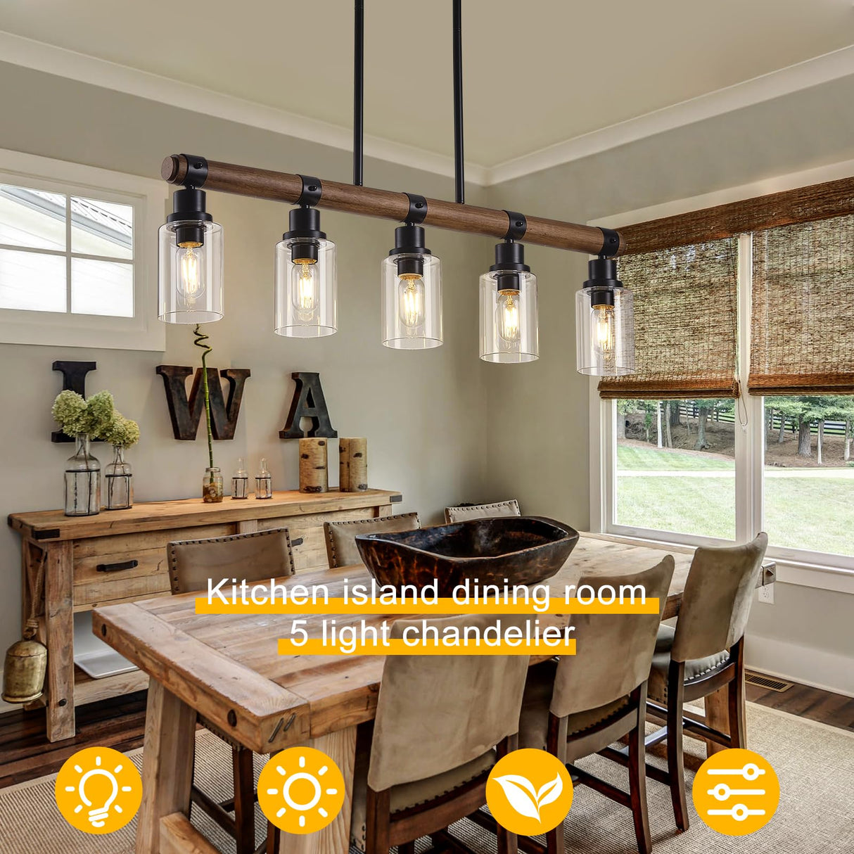 Dining Room Chandelier Over Table, 5-Light Farmhouse Kitchen Island Lighting, Matte Black Rustic Wood Chandelier with Clear Glass Shade, Ceiling Pendant Light Fixture for Kitchen maesta