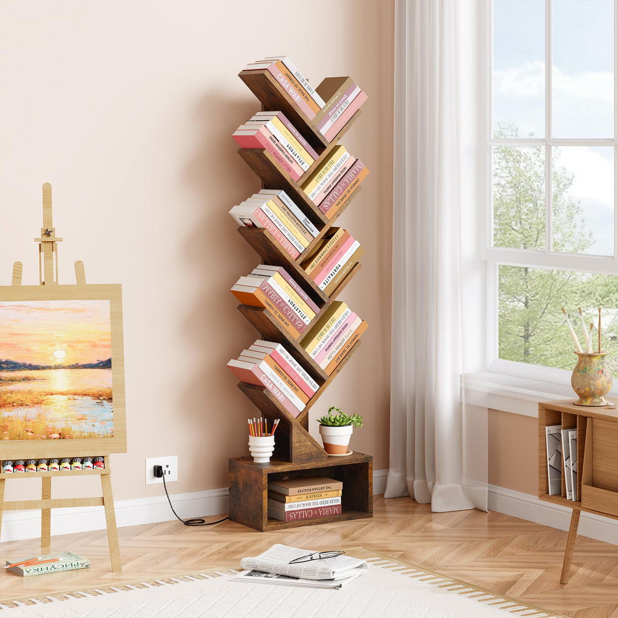 Hoctieon 9 Tier Tree Bookshelf, Tall Bookcase, Freestanding Book Shelf with LED Lights, Display Floor Standing Storage Shelf, Book Organizer Shelves for Home Office, Living Room, Rustic Brown Hoctieon