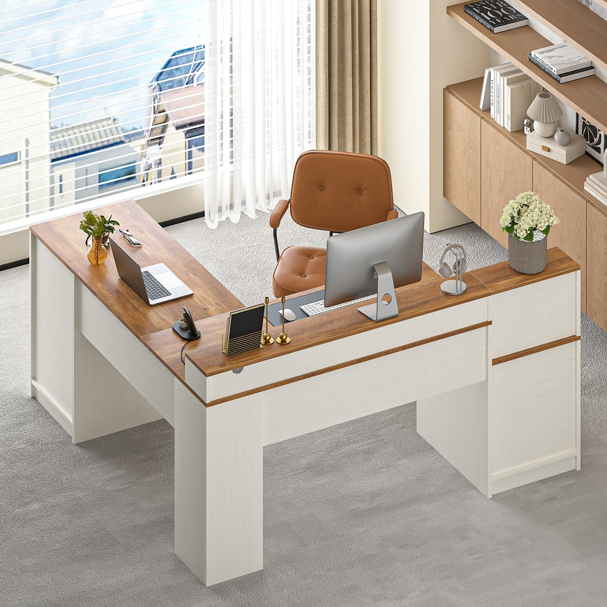 YOMILUVE 63" Farmhouse L Shaped Executive Desk with Drawers & Storage Shelf, Corner Computer Desk with Power Outlets, L Shaped Office Desk with Monitor Stand, Printer Shelf, Antique White YOMILUVE