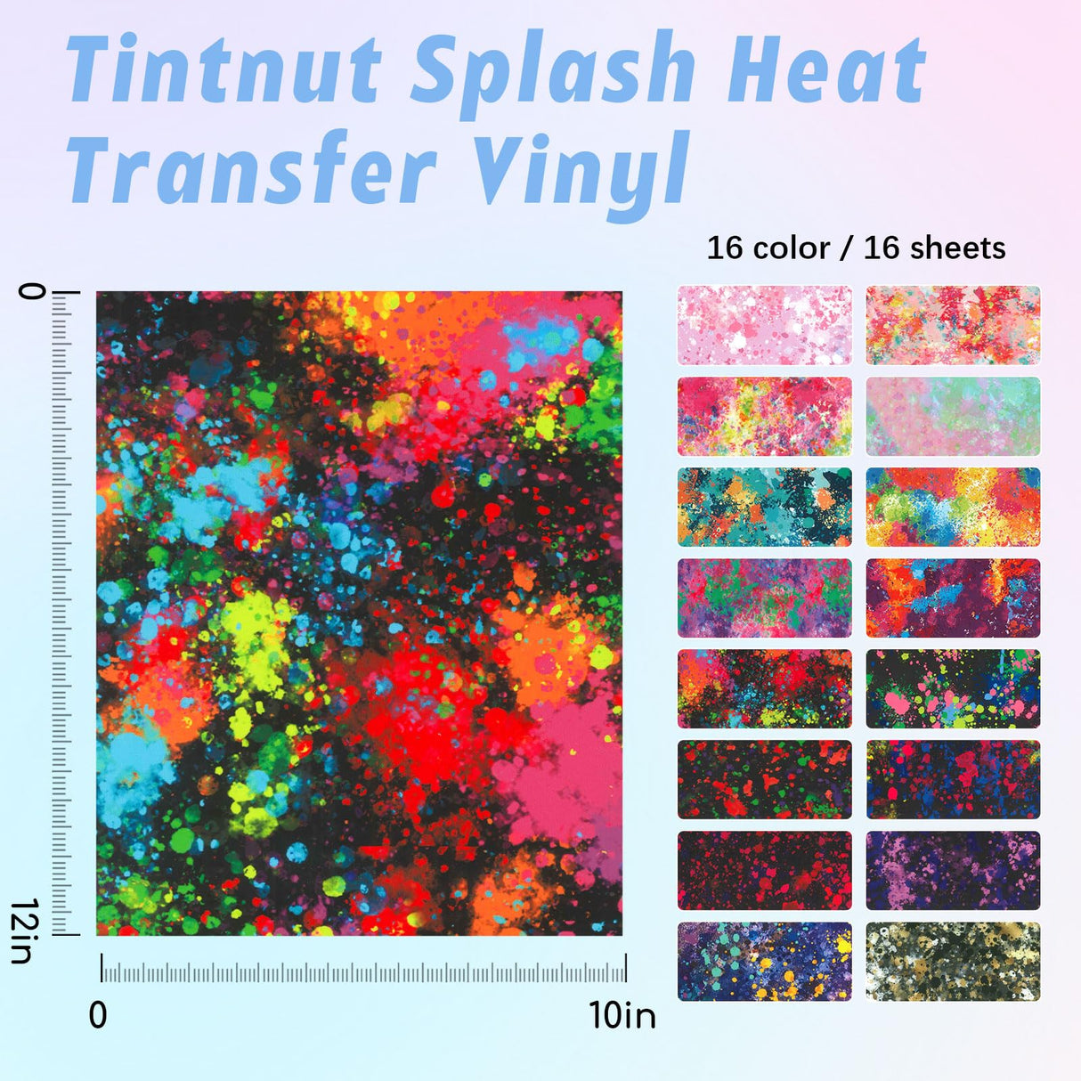 Tintnut Splash Heat Transfer Vinyl - 16 Sheets 10x12 Inch HTV Ink Watercolor Iron On Vinyl for T-Shirts Hats Clothes,for Cricut & Silhouette Cameo Tintnut