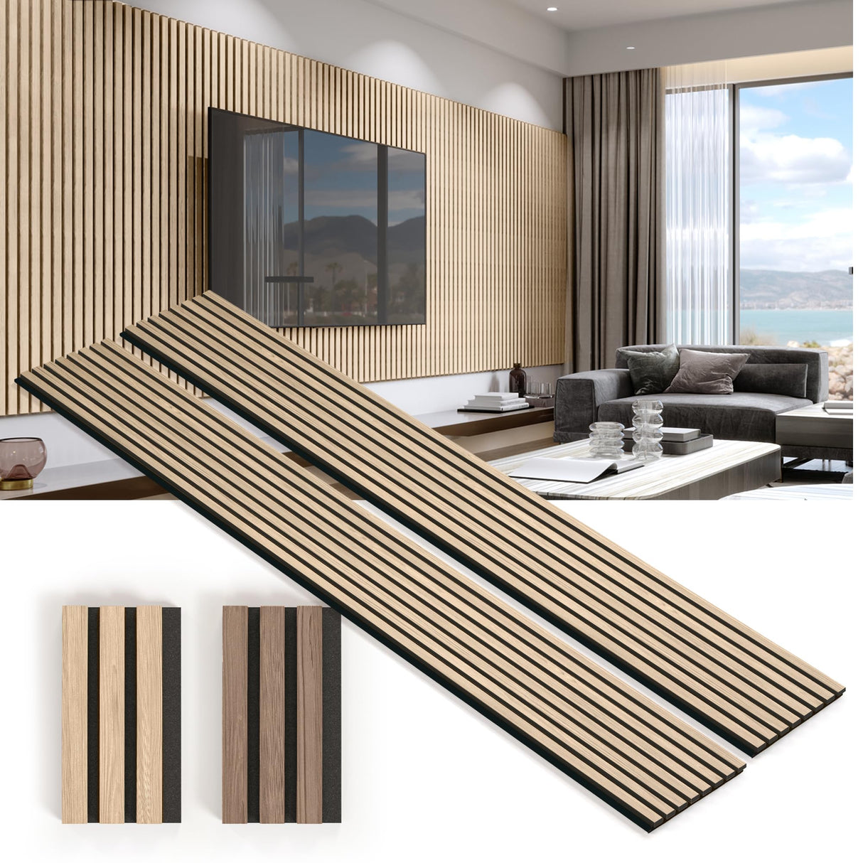 Kansoware Two Acoustic Wood Wall Veneer Slat Panels - Natural Oak | 94.49 x 12.6" Each | 16.54 sq ft. Coverage | Use for Soundproof Paneling, Interior Design, Outdoor Space, Van Restorations Kansoware