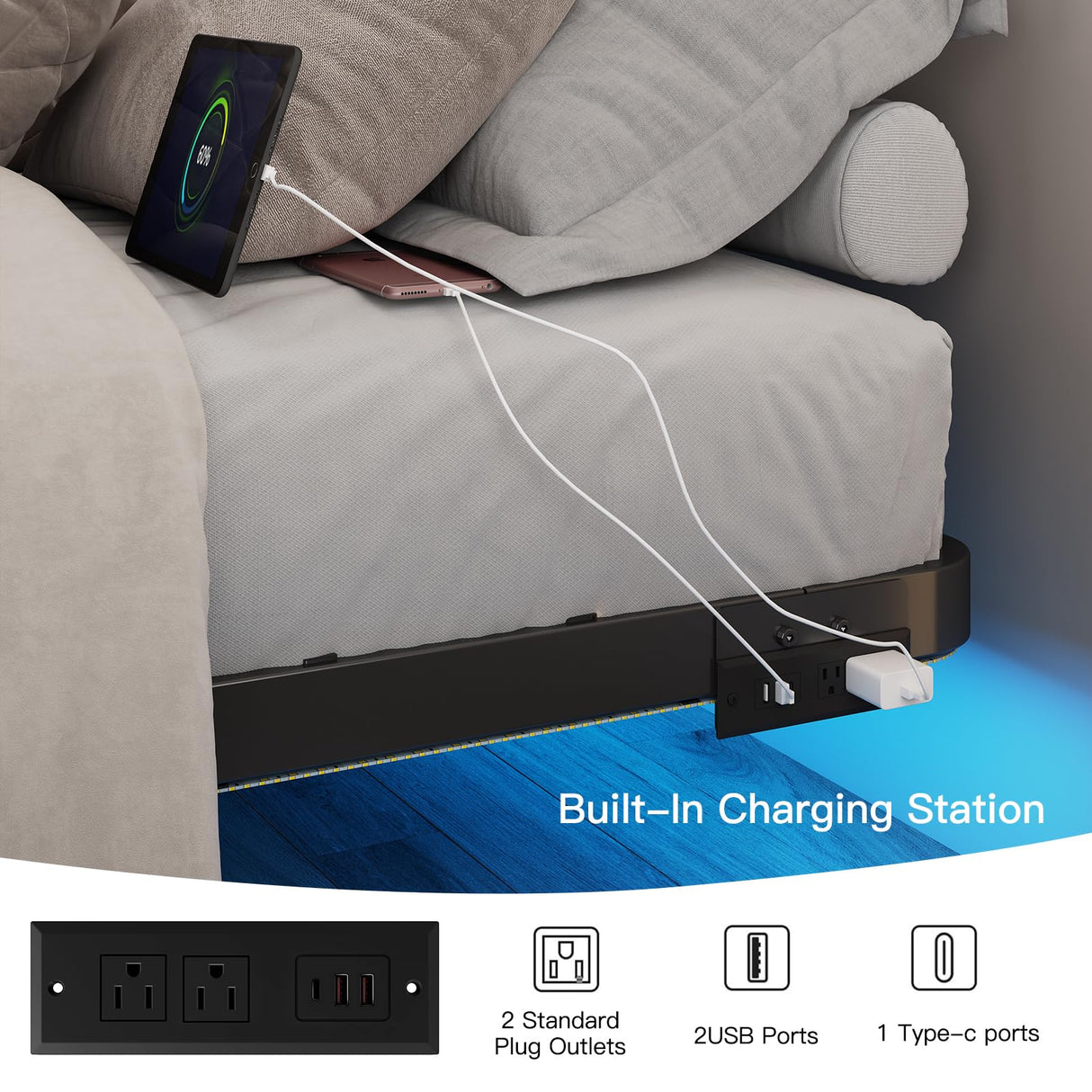 FviMzailon Queen Size Floating Bed Frame - Metal Platform Bed with Smart LED Lights & Charging Station, No Box Spring Needed, Easy Assembly, Noise Free FviMzailon