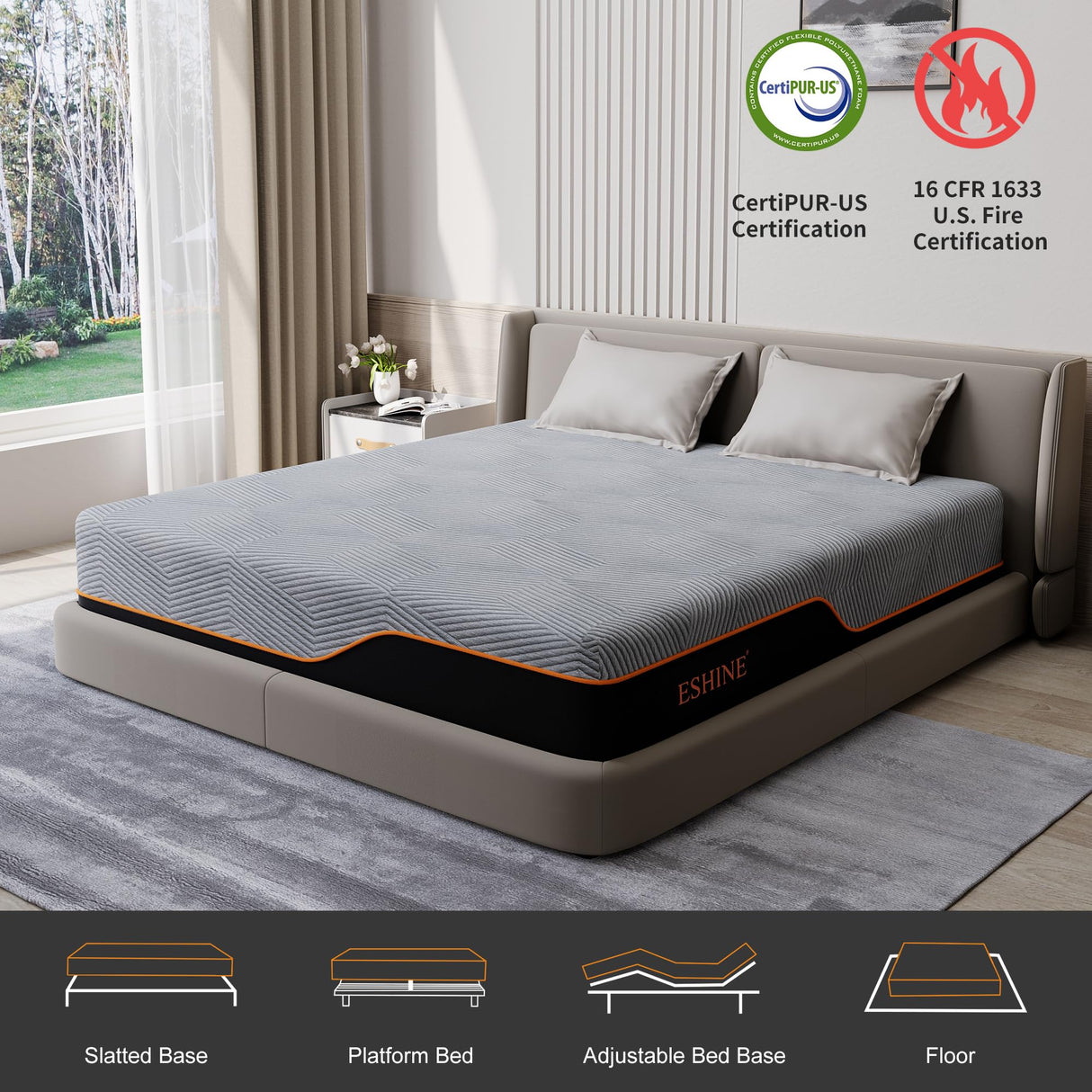 ESHINE California King Memory Foam Mattress 14 inch - 14 inch Mattress with Cooling Gel Memory Foam for Pressure Relief, Green Tea Mattress in a Box for Back Pain, CertiPUR-US Certified, Dark Grey ESHINE