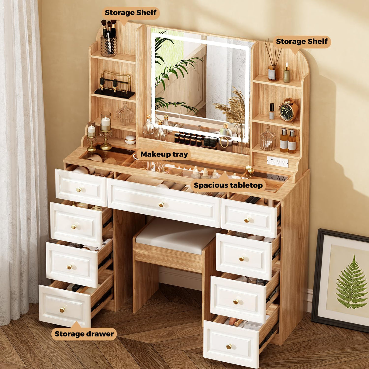 43" Makeup Vanity Desk with Mirror and Lights, & Power Outl, Glass Top Big Vanity Table with 9 Drawers& 8 Storage Shelves, Dressing Table Set with Chair for Bedroom, White+Oak Arulvmrn