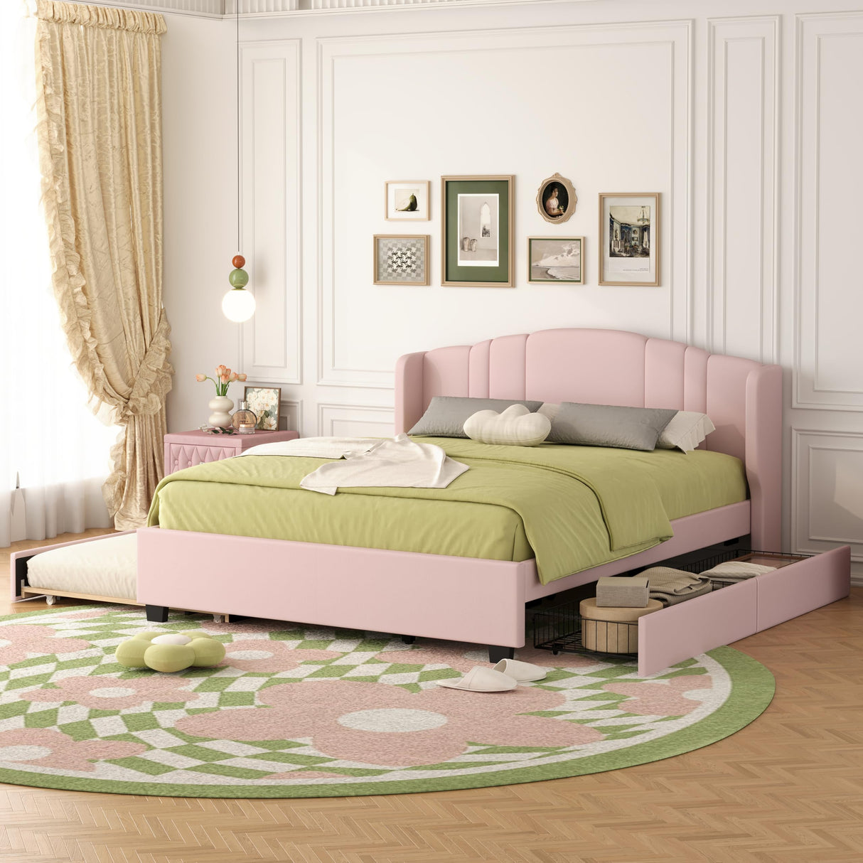 Queen Size Platform Bed Frame, Linen Fabric Upholstered Bed with Wingback Headboard, Twin Size Trundle and 2 Drawers, No Box Spring Needed, Easy Assembly (Pink) BEDGJH