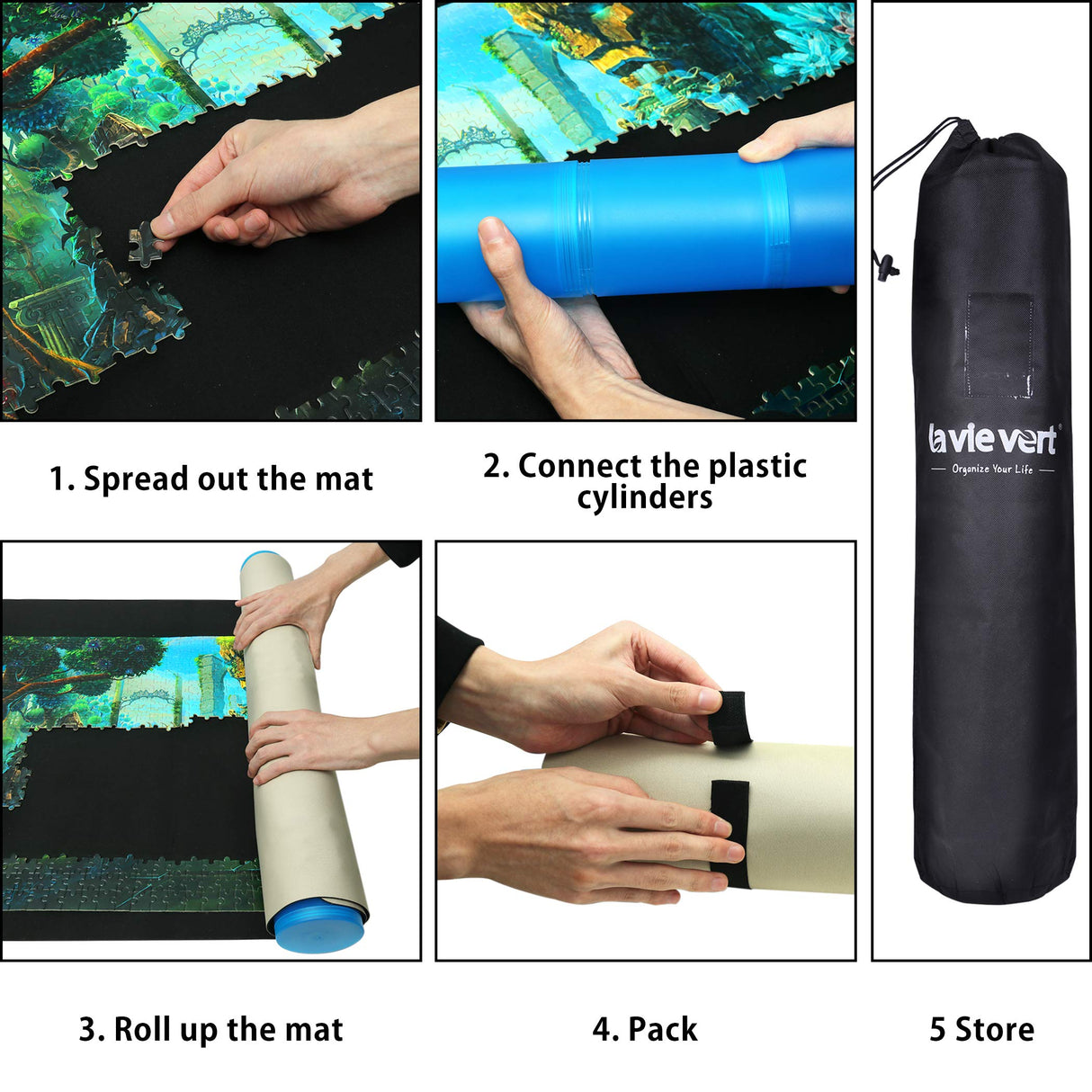 LAVIEVERT 2-in-1 Reversible Jigsaw Puzzle Mat, 2mm Thick Neoprene Puzzle Mat Roll Up, Portable Puzzle Board Holder Saver with Storage Bag & Plastic Cylinder Up to 1500 Pieces - Black & Khaki LAVIEVERT