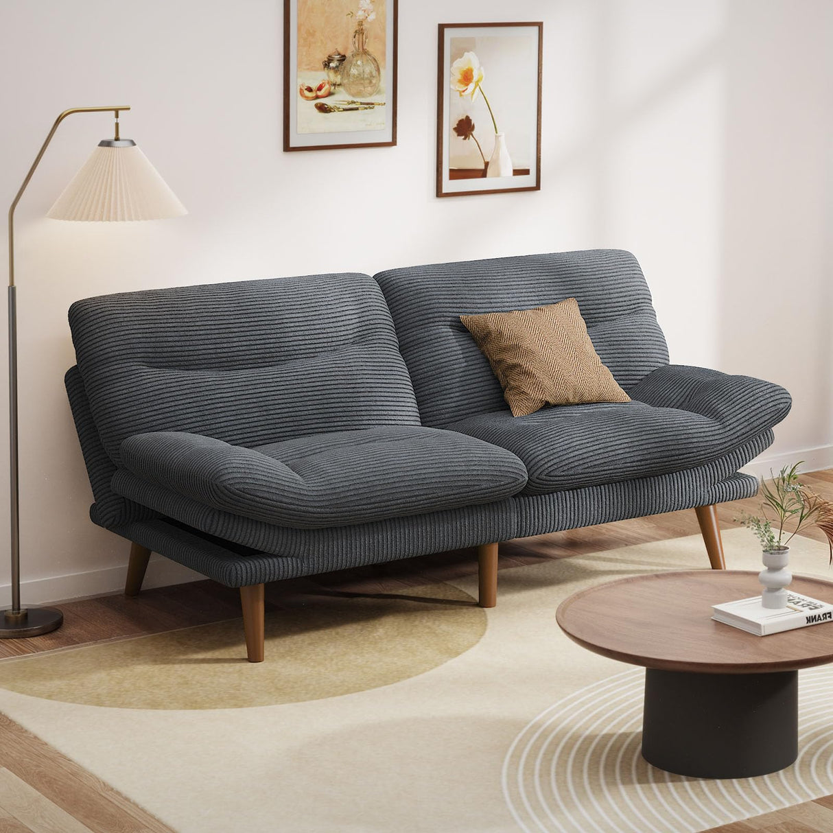 Pipishell Futon Sofa Bed, 73" Convertible Futon Couch, Adjustable Backrest & Armrests, Corduroy Recliner Sleeper Sofa for Small Spaces, Living Room, Office, Guest Room (Grey, 73 in) Pipishell