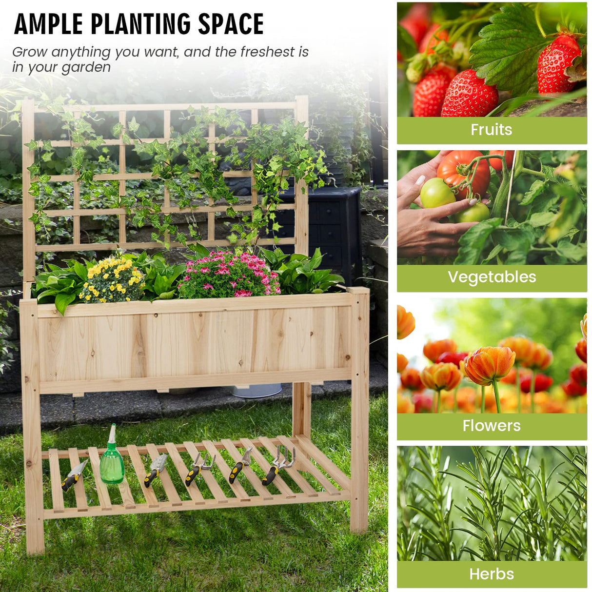 S AFSTAR Raised Garden Bed with Trellis, 48x23x63in Elevated Planter Box with Legs, Bottom Storage Shelf, Planter Liner, Wood Standing Planter Stand for Climbing Plants Flowers Vegetables Herbs S AFSTAR