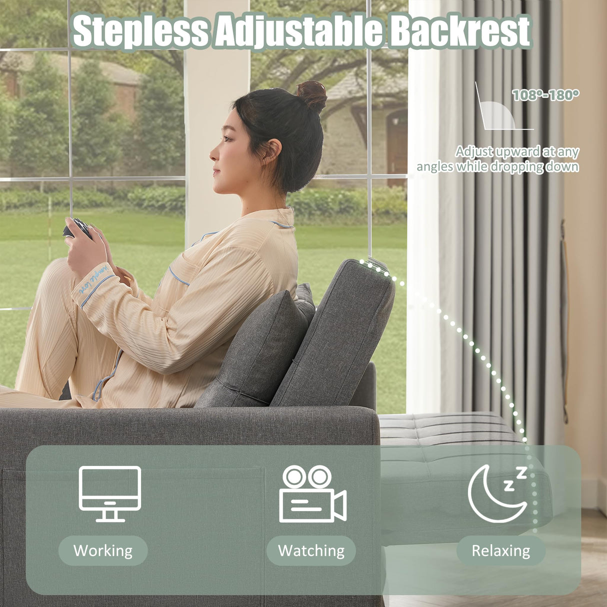 52" Sleeper Sofa with Pull-Out Bed, 3-in-1 Convertible Sofa Bed, Loveseat with Stepless Adjustable Backrest and Side Pocket, for Living Room Dorm Apartment, Linen, Light Gray GOSUHI