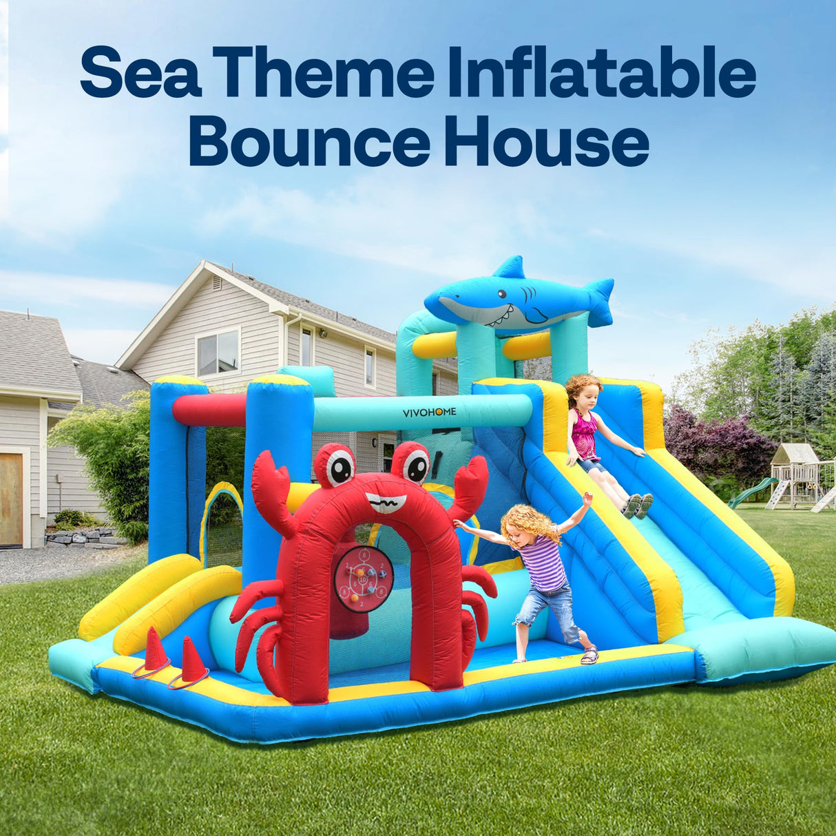 VIVOHOME 7 in 1 Bounce House for Kids, Sea Theme Inflatable Bouncy Castle with Slide, 12x10 FT Inflated Bouncer for Outdoor with Blower, Basketball, Climb, Jump Area, Ball, Water Pool, Hoop VIVOHOME