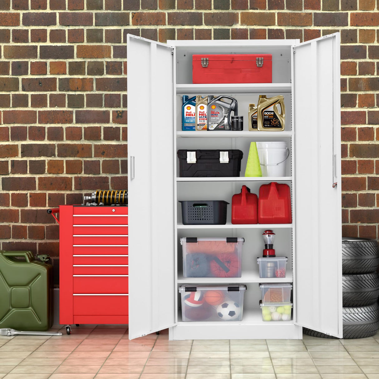 CMY Metal Storage Cabinet with Locking Doors and 5 Adjustable Shelves, 71” Tall Steel Storage Cabinets for Garage, Home Office, Pantry (White) CMY