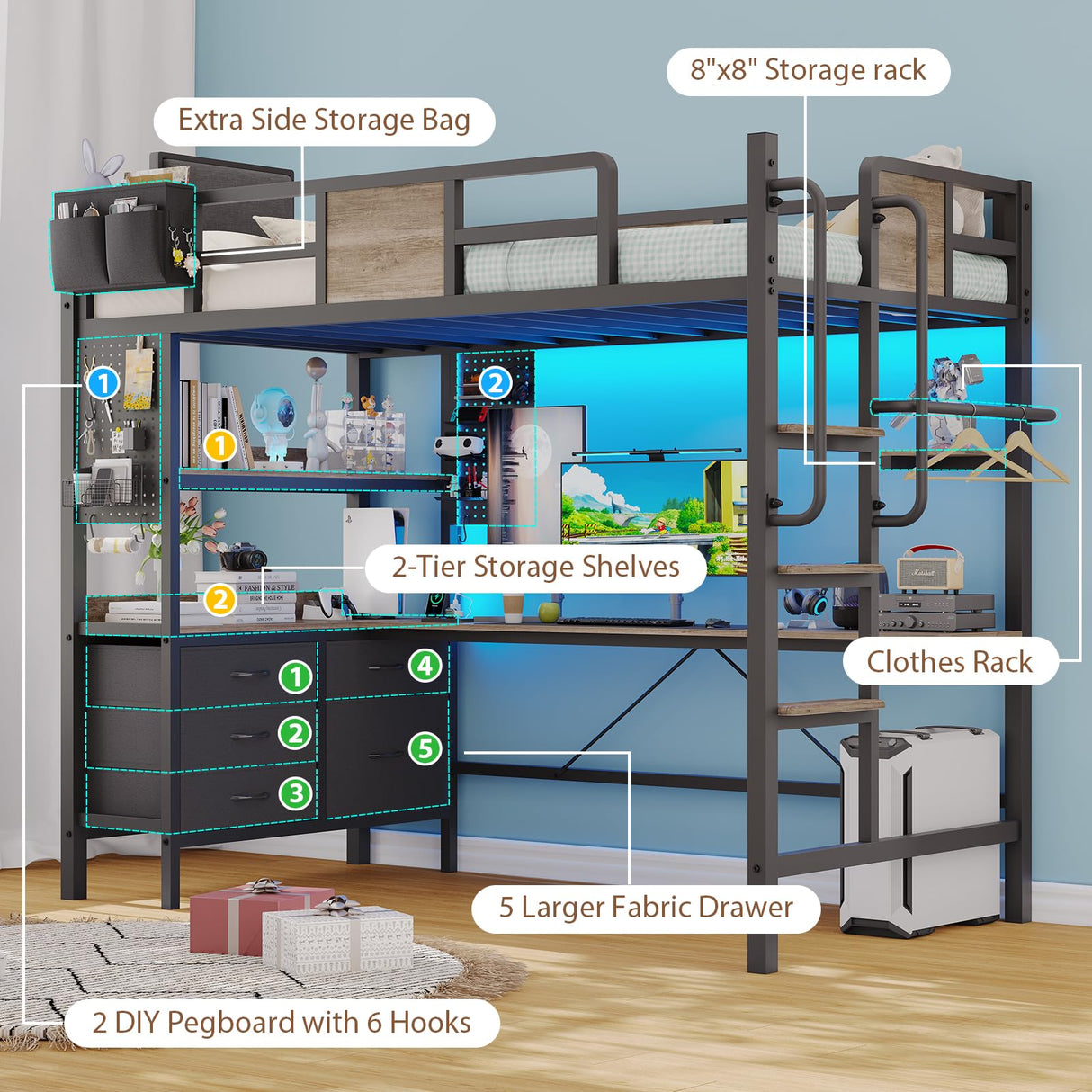Twin Loft Bed with Desk and 5 Storage Drawers,Loft Bed Twin Size with LED Lights and Charging Station, Metal Bunk Bed Frame with Ladder, Clothes Rail,Noise Free,Oak Gray Dnxao