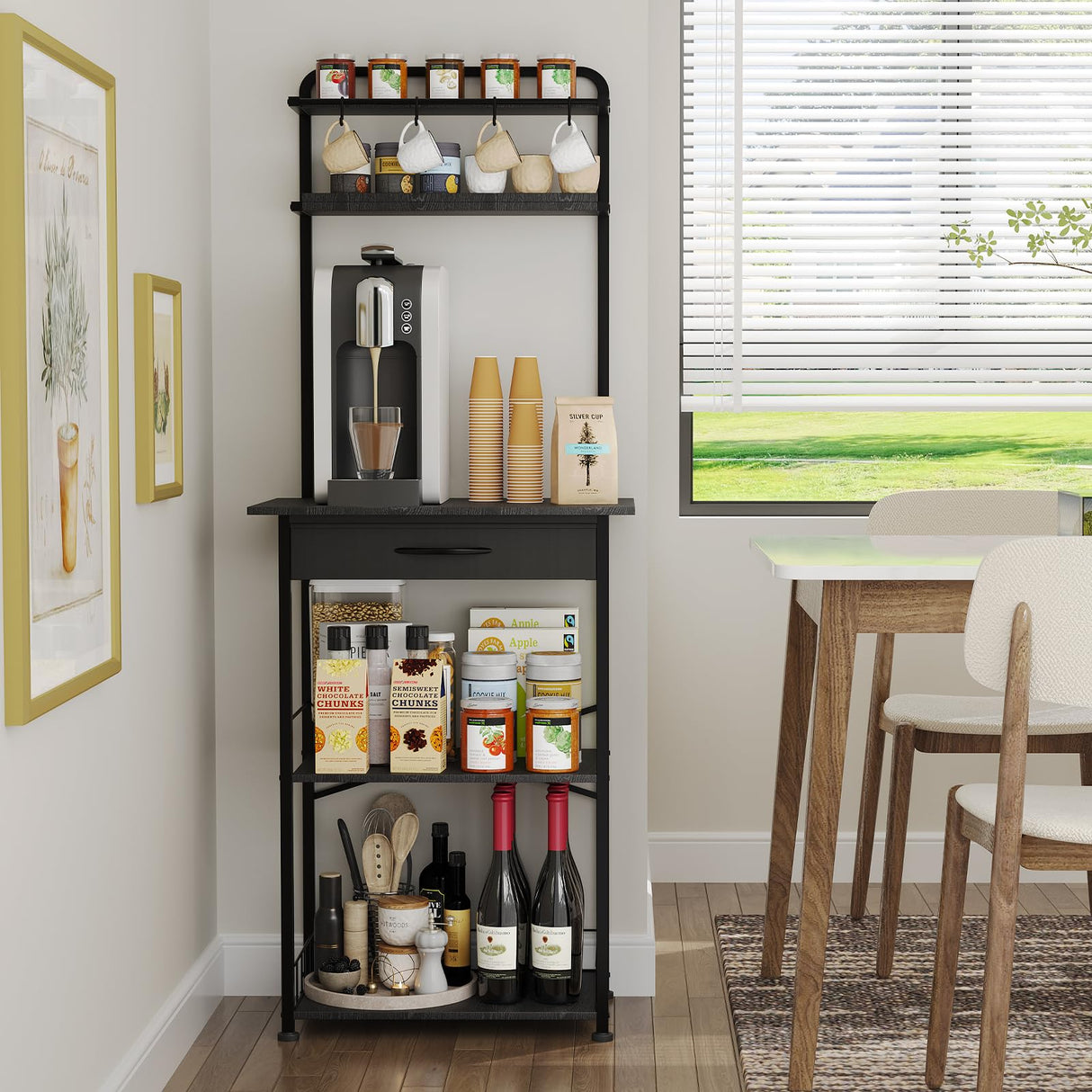 Homsorout Coffee Bar Station - Bakers Rack with Fabric Drawer, Microwave Oven Storage Stand, Bakers Rack for Coffee Stand Station, Home Kitchen Organizer, Black Homsorout