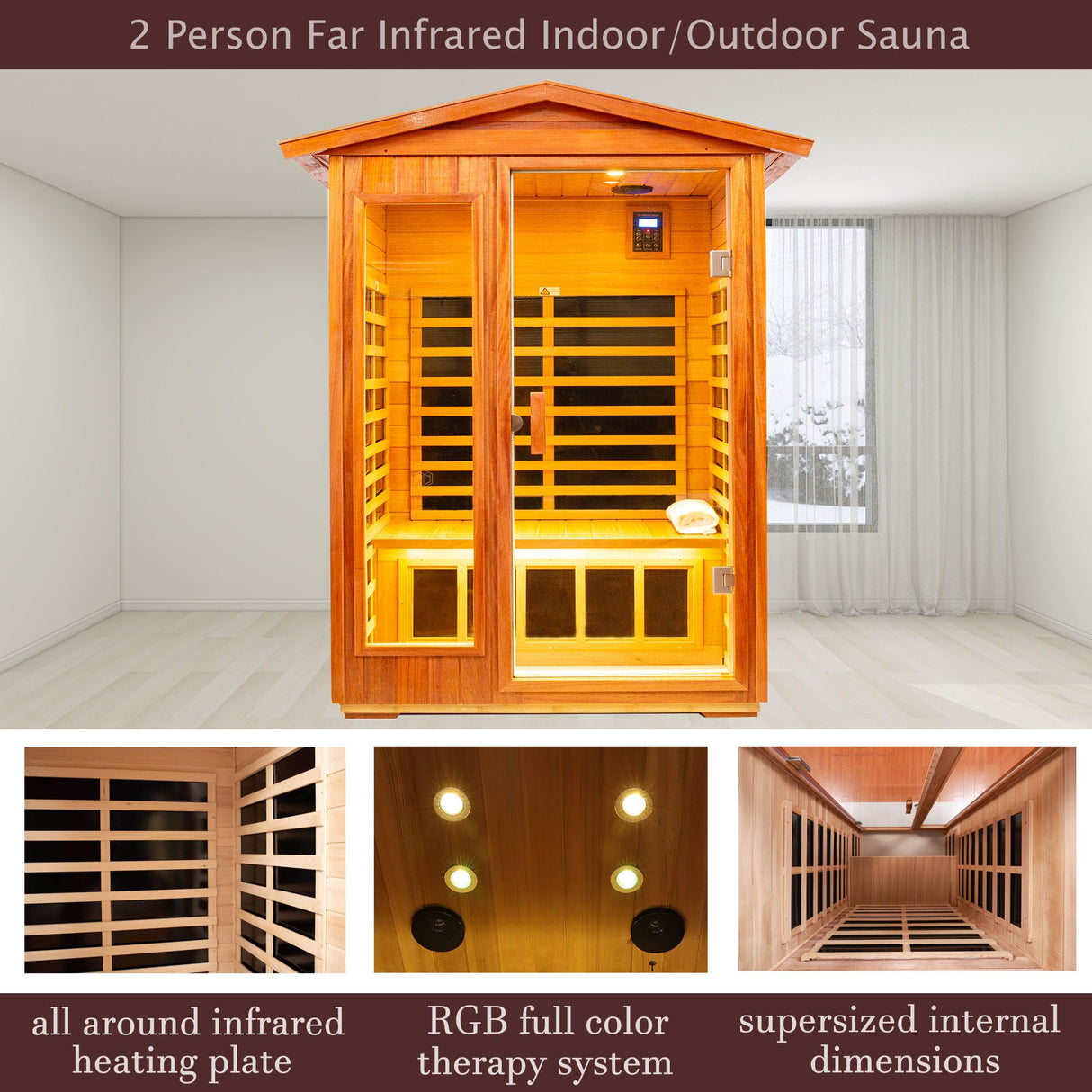 KUNSANA Outdoor Sauna 2 Person Infrared Sauna Far Infrared Saunas for Home Low EMF Home Sauna Spa Mahogany Wood Sauna Room with Bluetooth Speakers, LED Reading Lamps, Chromotherapy Lights KUNSANA