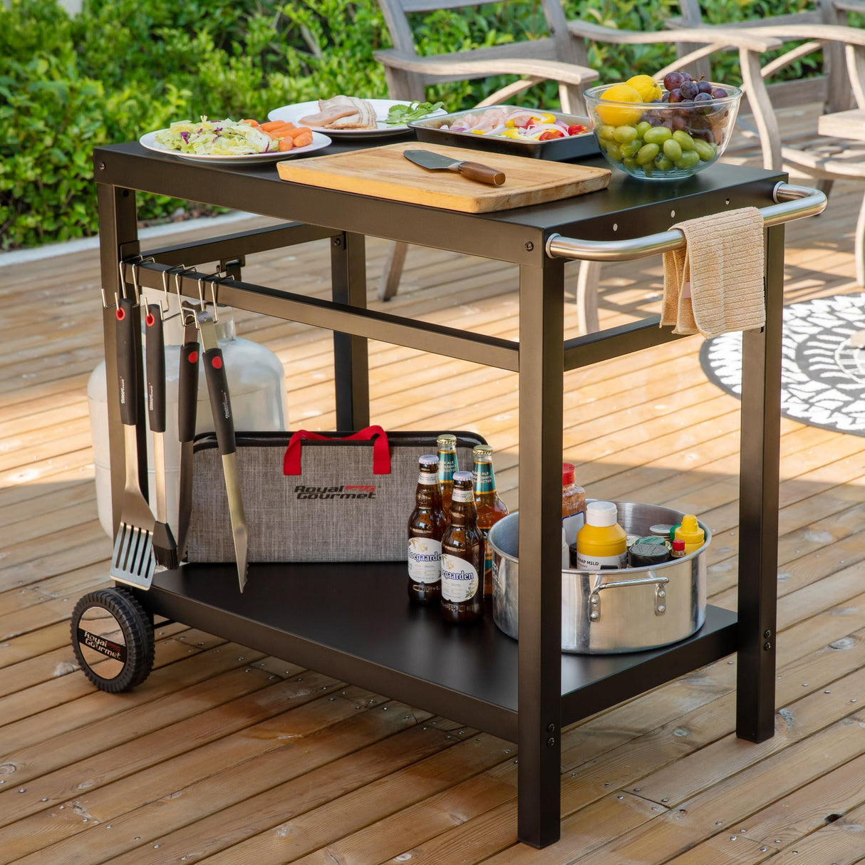 Royal Gourmet Dining Cart Table with Double-Shelf, Movable Stainless Steel Flattop Grill Cart, Hooks, Side Handle, Multifunctional PC3401B (Black) Royal Gourmet