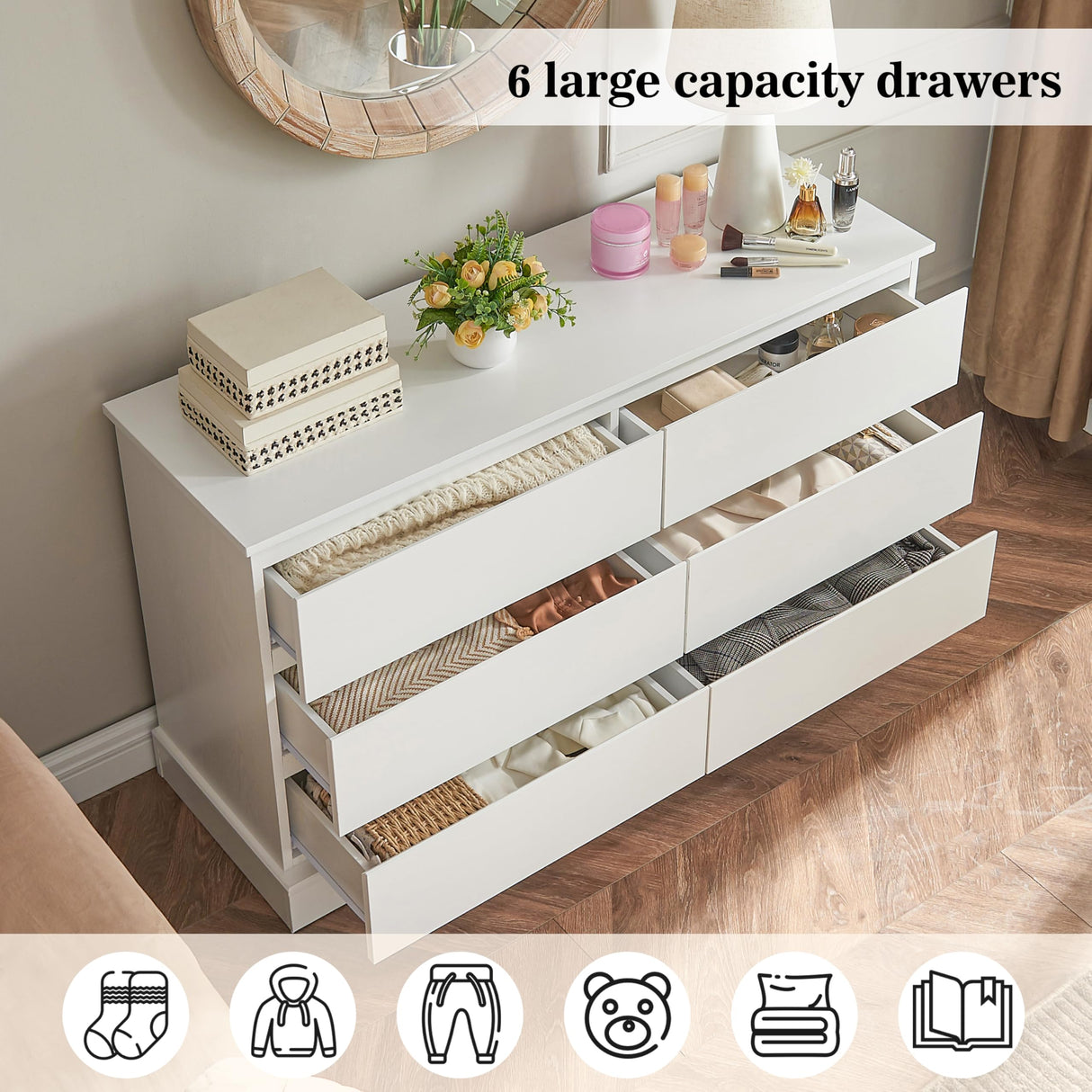 Alaxgumrol White Bedroom Dresser Modern 6 Drawers Dressers Wood Organizer Wide Dresser & Chest of Drawers Storage for Living Room, Entryway, Hallway Alaxgumrol