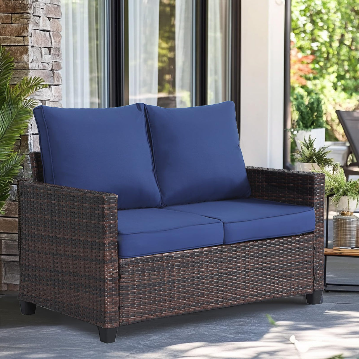 EortheX Outdoor Patio Loveseat,All-Weather Wicker Loveseat with Cushions – Rattan Outdoor 2 Person Sofa Furniture for Garden, Balcony, and Deck,Sectional Patio Love seat Sofa Set - Blue EortheX outdoor fancy