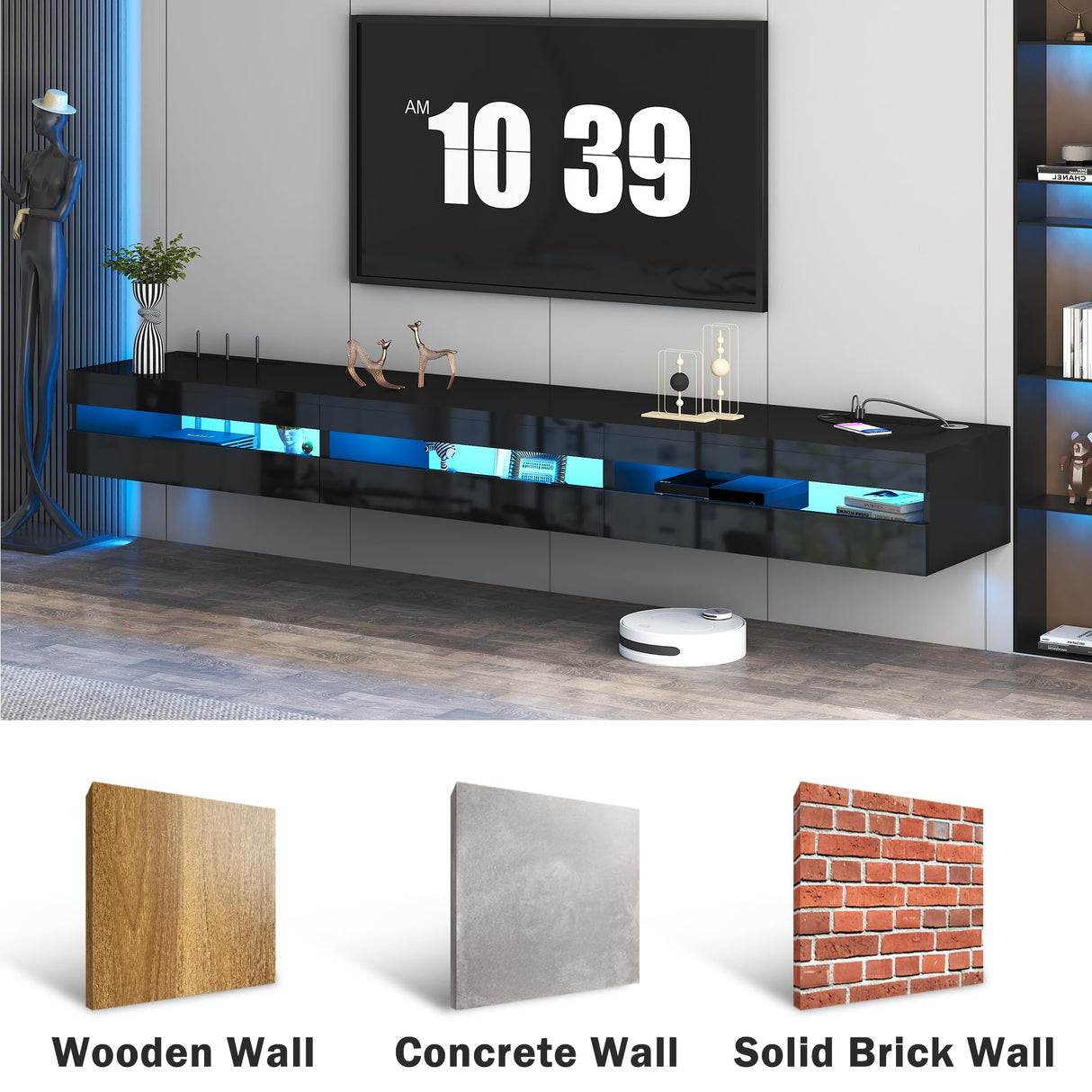 ANTISTA Floating TV Stand | 94.5'' Long Wall Mounted TV Shelf with Power Outlet, Modern Wooden Entertainment Center Media Console with Storage, High Gloss Large TV Cabinet, Up to 100 Inch TVS ANTISTA
