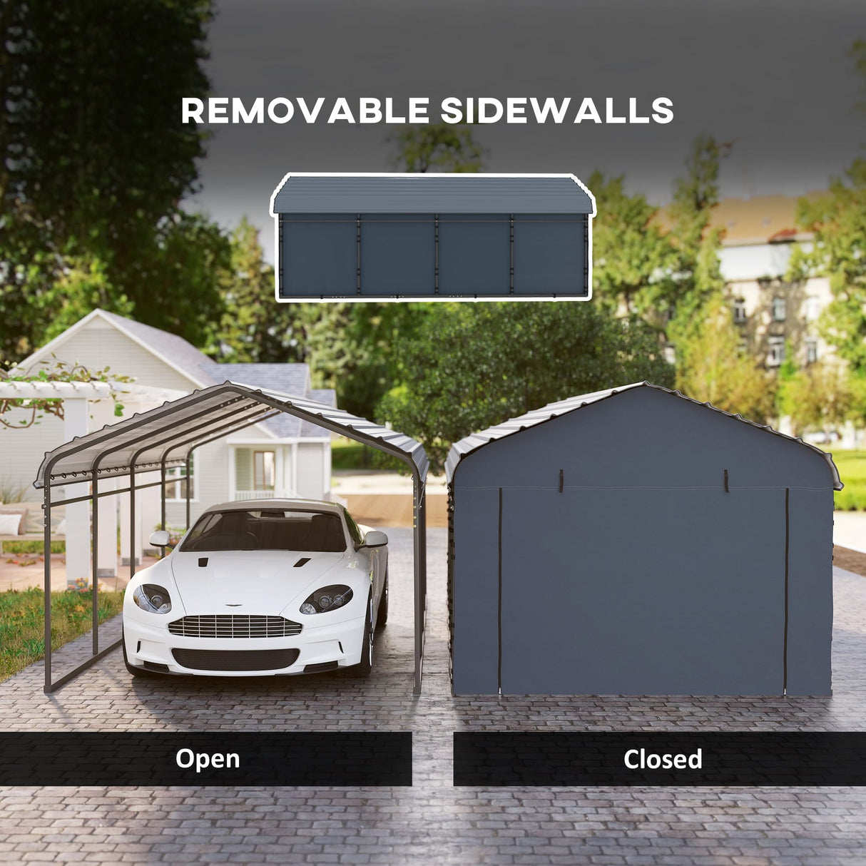 Outsunny 12' x 20' Heavy Duty Metal Carport, Waterproof Garage Car Canopy Shelter with Galvanized Metal Roof and Removable Sidewalls for Cars, Boats, Tractors, Dark Gray Outsunny