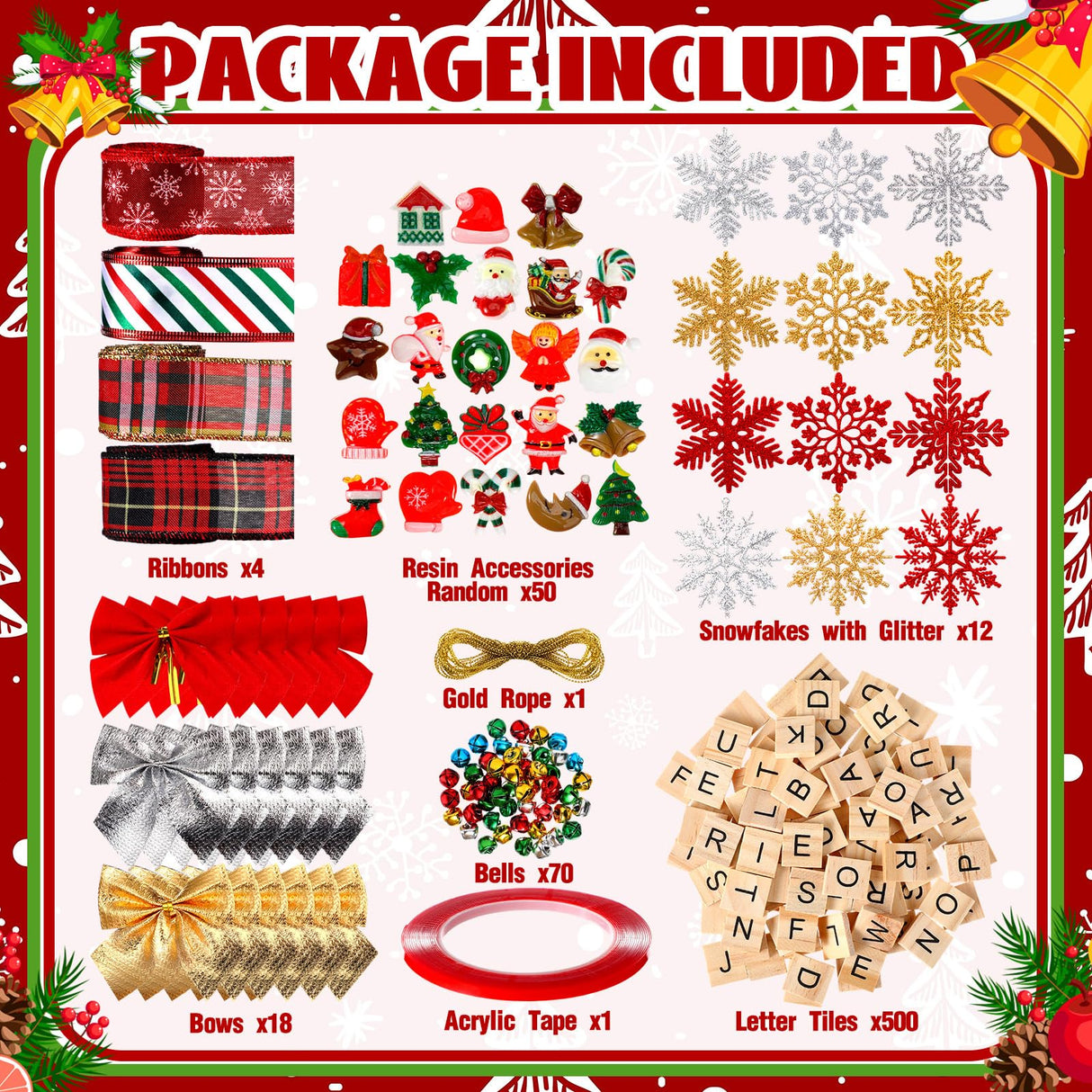 Gerrii 676 Pcs Christmas Ornament Kits DIY Christmas Crafts for Adults Letter Tiles Bell Bow Ribbon Snowflake Tree Decor for Kids Gifts Room Holiday Xmas Decorations Supplies Gerrii